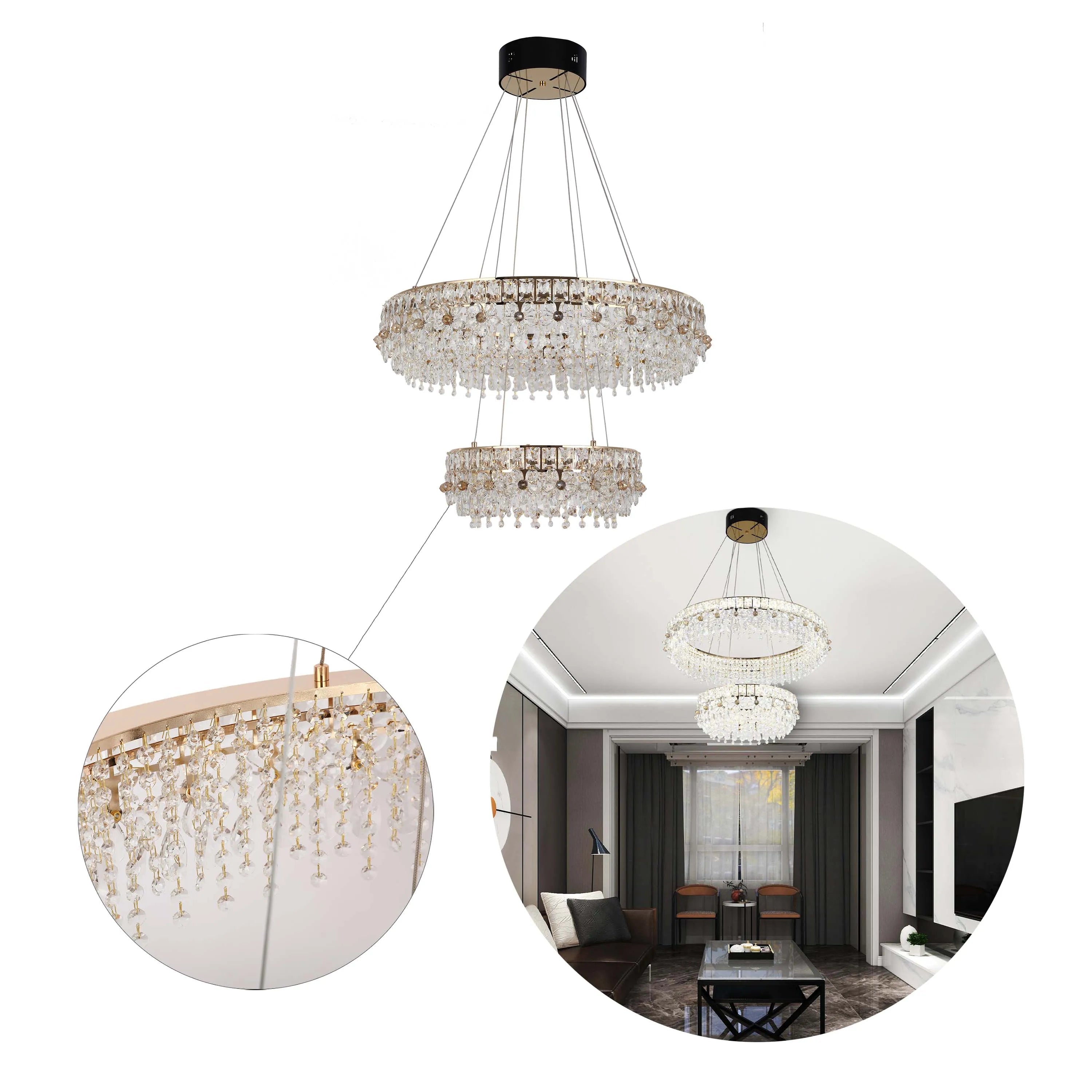 A two-tier crystal chandelier with a black canopy is showcased in a bright living room. A close-up highlights the intricate crystal detailing.