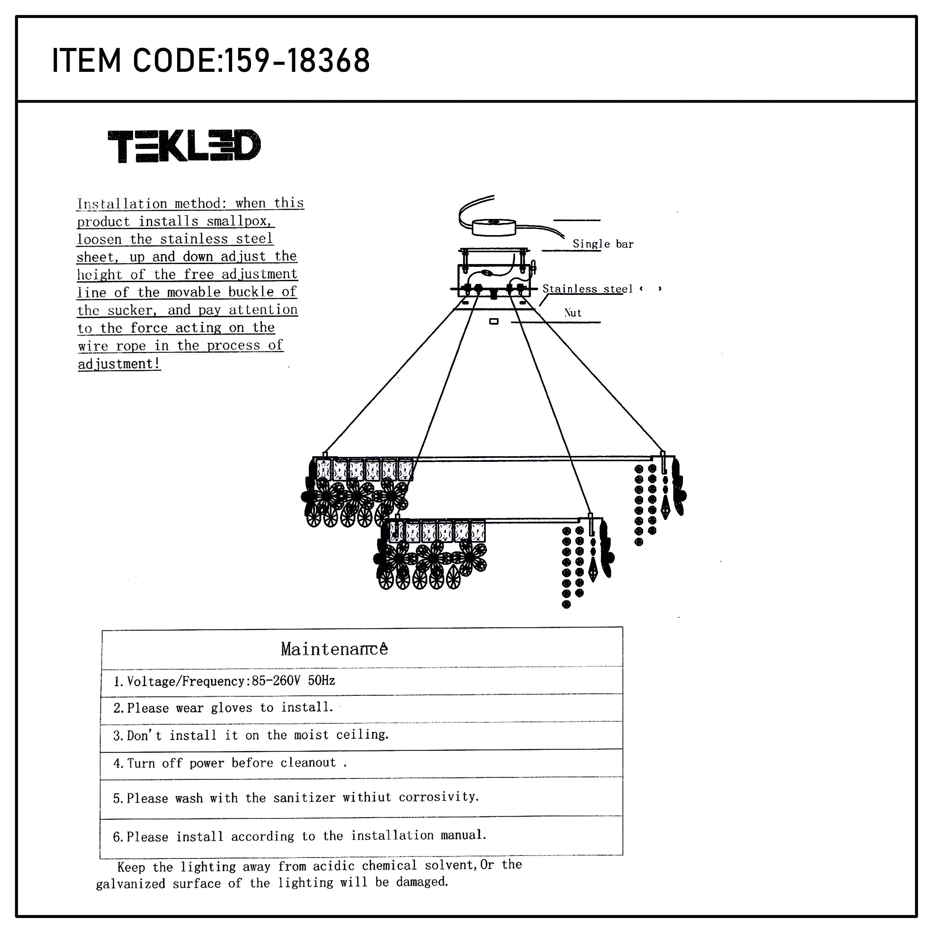 A line drawing of a chandelier with installation and maintenance instructions, displaying wiring, fixings and electrical information.