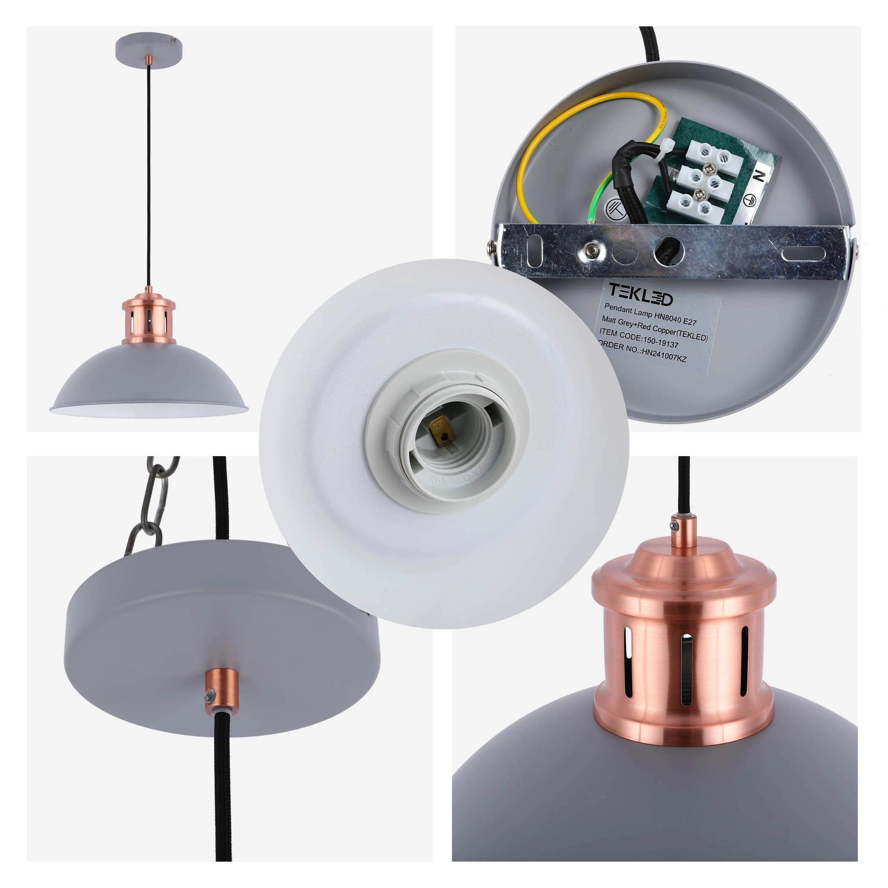 Grey pendant light with copper detail; modern and stylish. Ideal for kitchens and dining rooms.