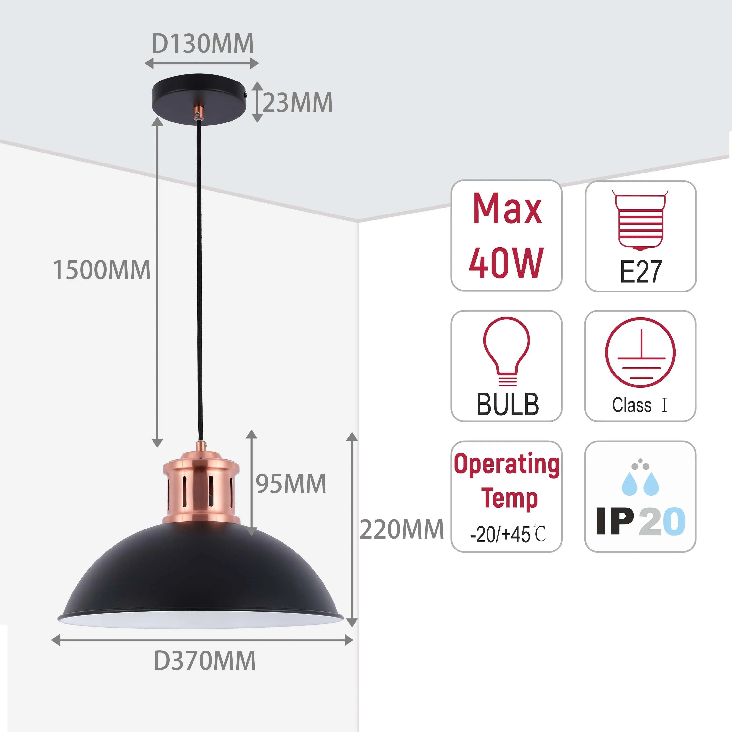 Technical diagram of a black pendant light, showing dimensions, bulb type (E27), max 40W and IP20 rating.