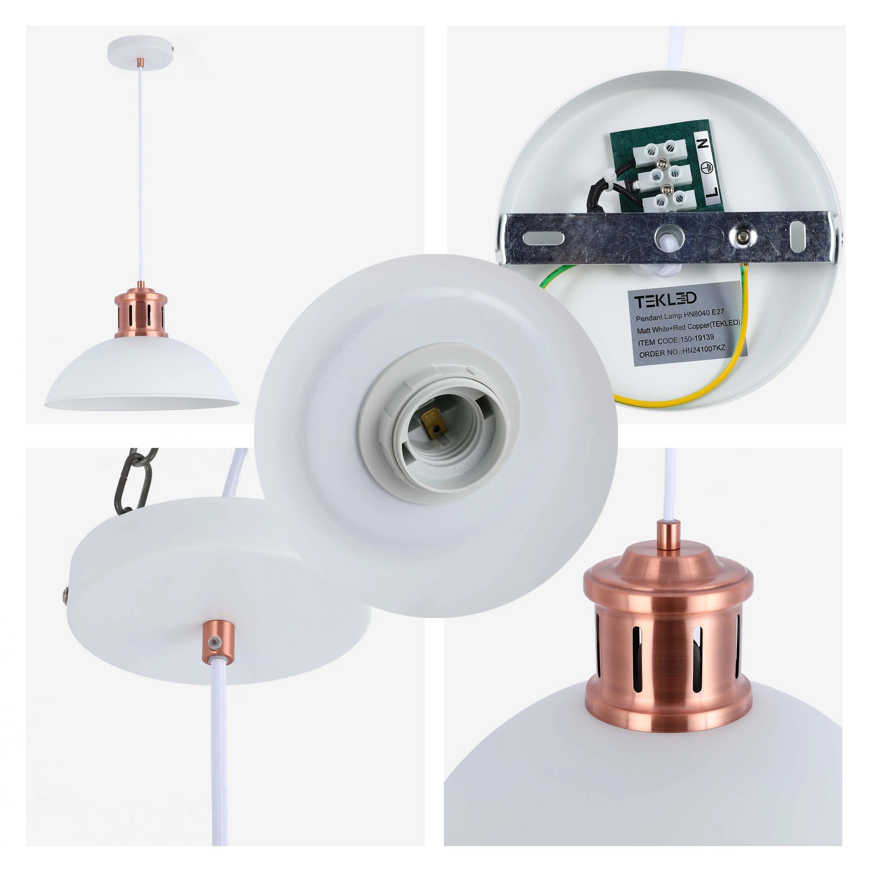 Stylish white pendant light with a copper coloured shade detail. Modern and minimalist design for the home.