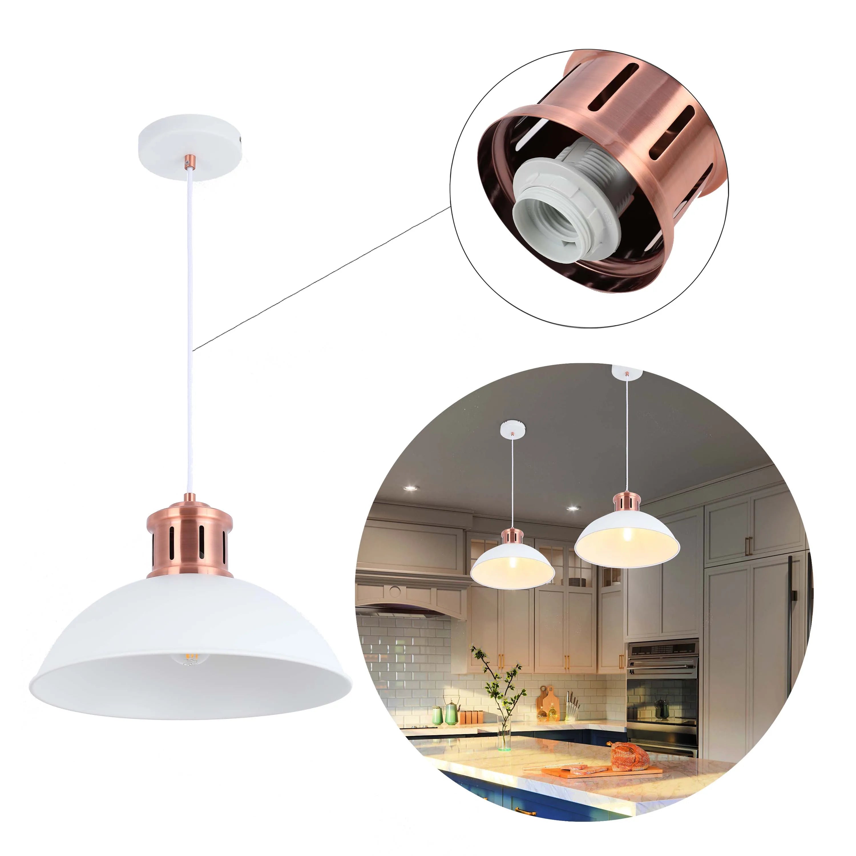 A modern white pendant light with copper detailing. It's used over a kitchen island and provides bright illumination.