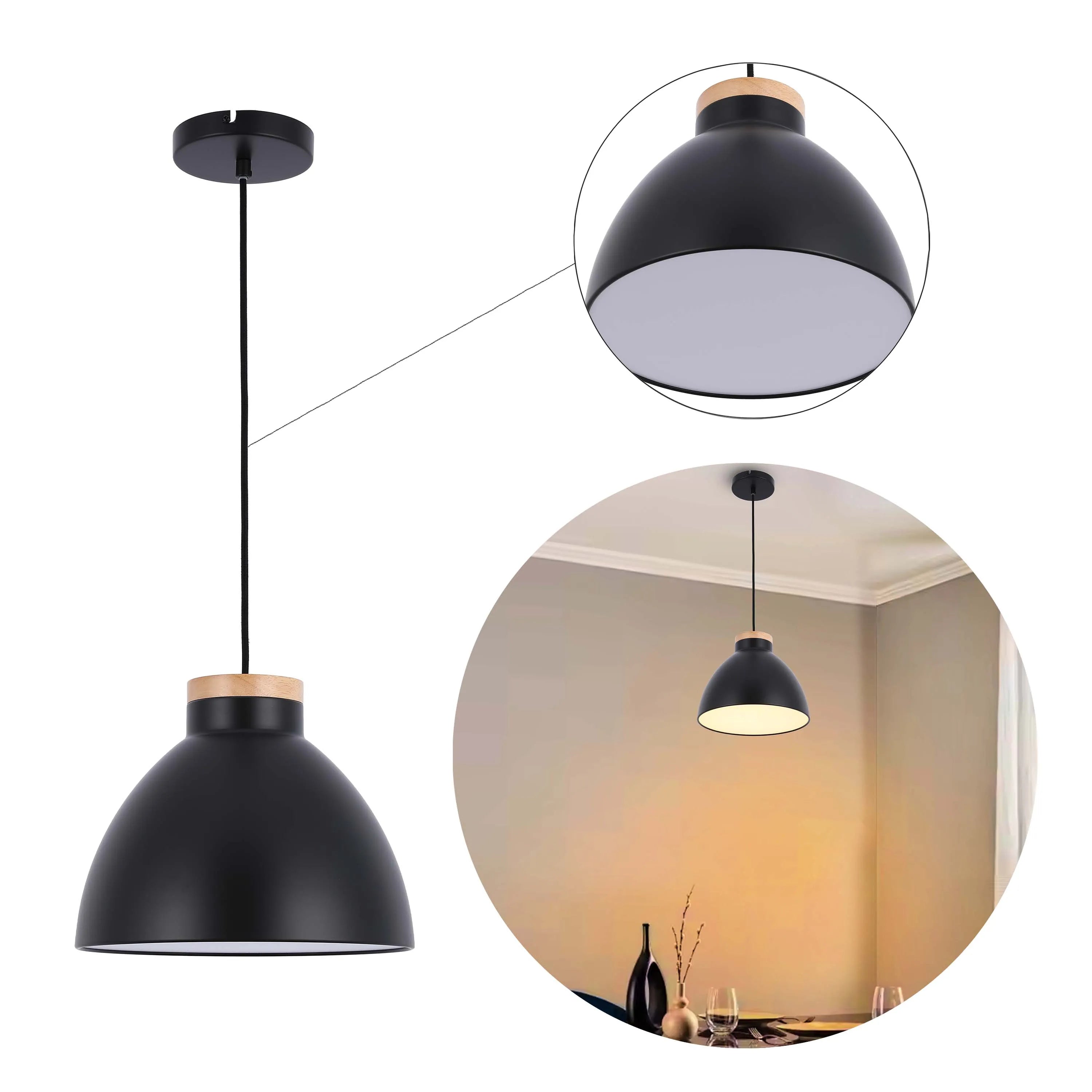 Stylish black pendant light with wood accent. Modern lighting for a warm, inviting ambience.