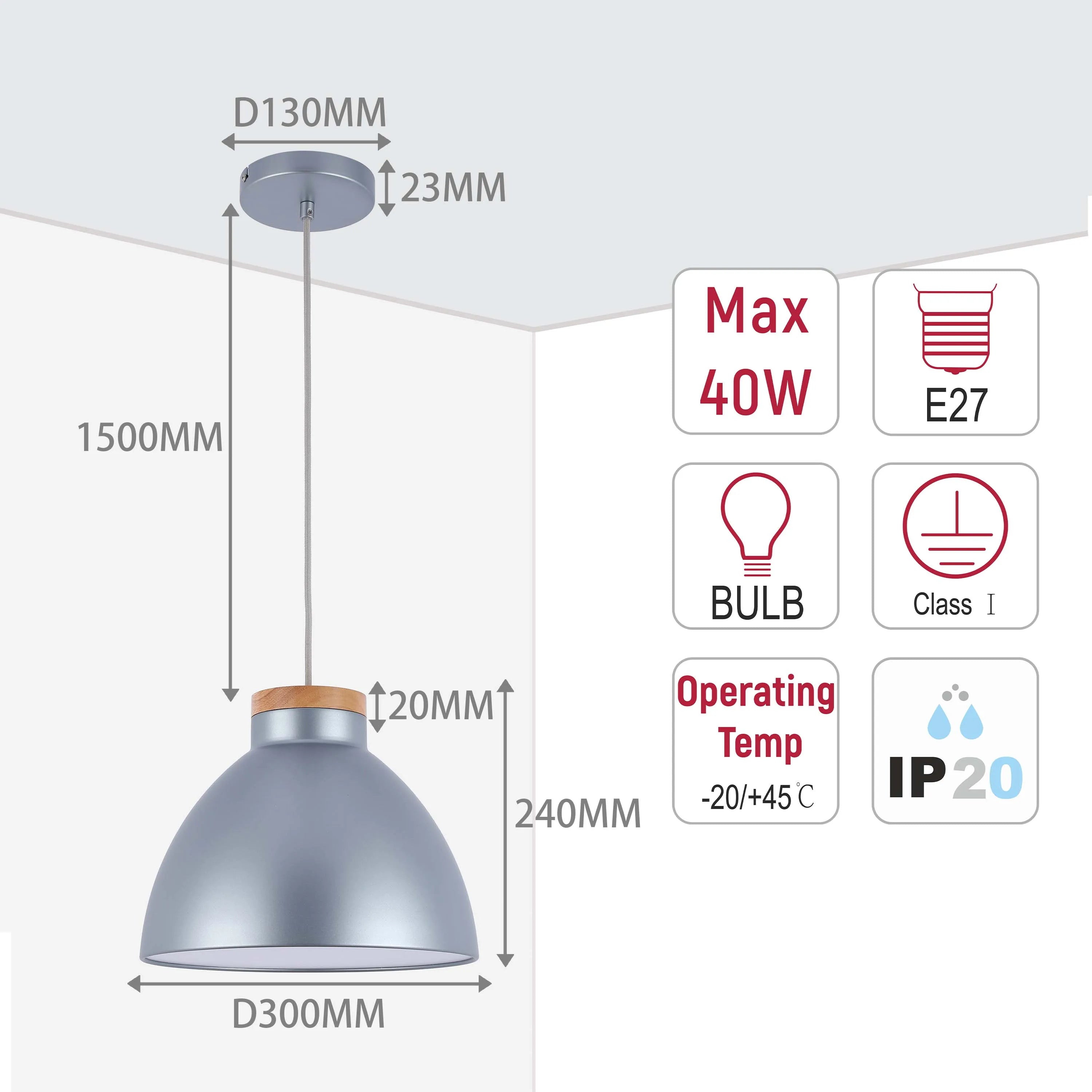 Modern pendant light dimensions. Features include E27 bulb, IP20 rating, 40W max & operating temp -20/+45°C.