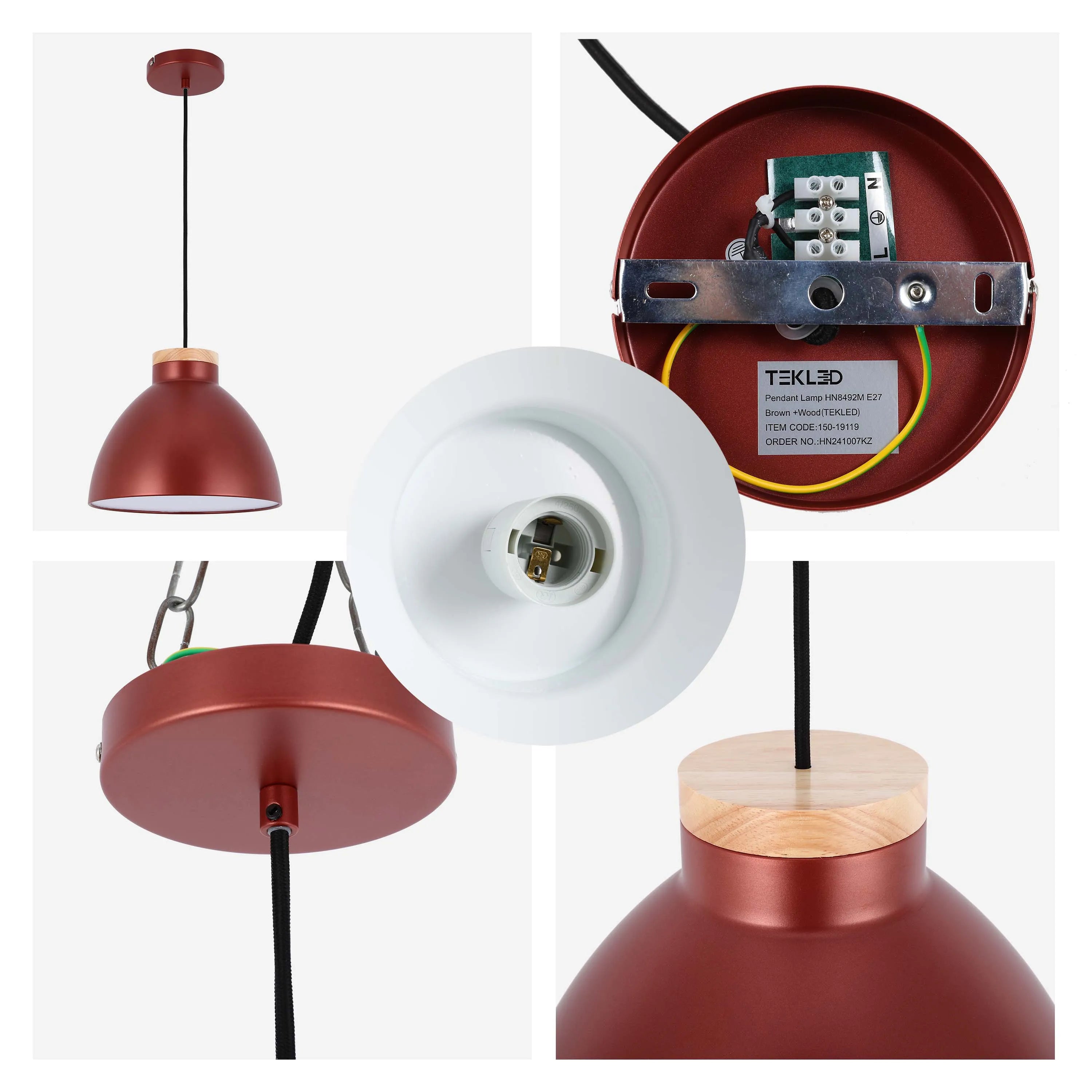 A brown and wood pendant light. The pendant has a metallic brown dome, a wooden detail and a white interior.