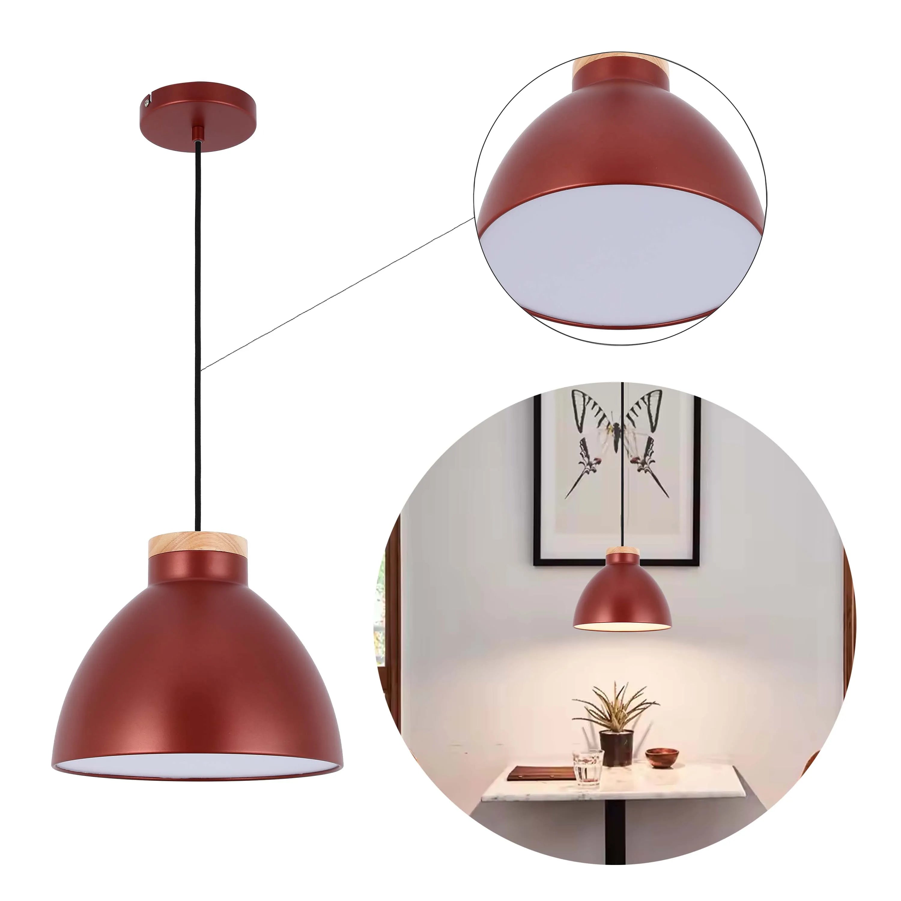 Stylish copper-coloured pendant light with a wood accent, giving a warm, modern feel to any interior.