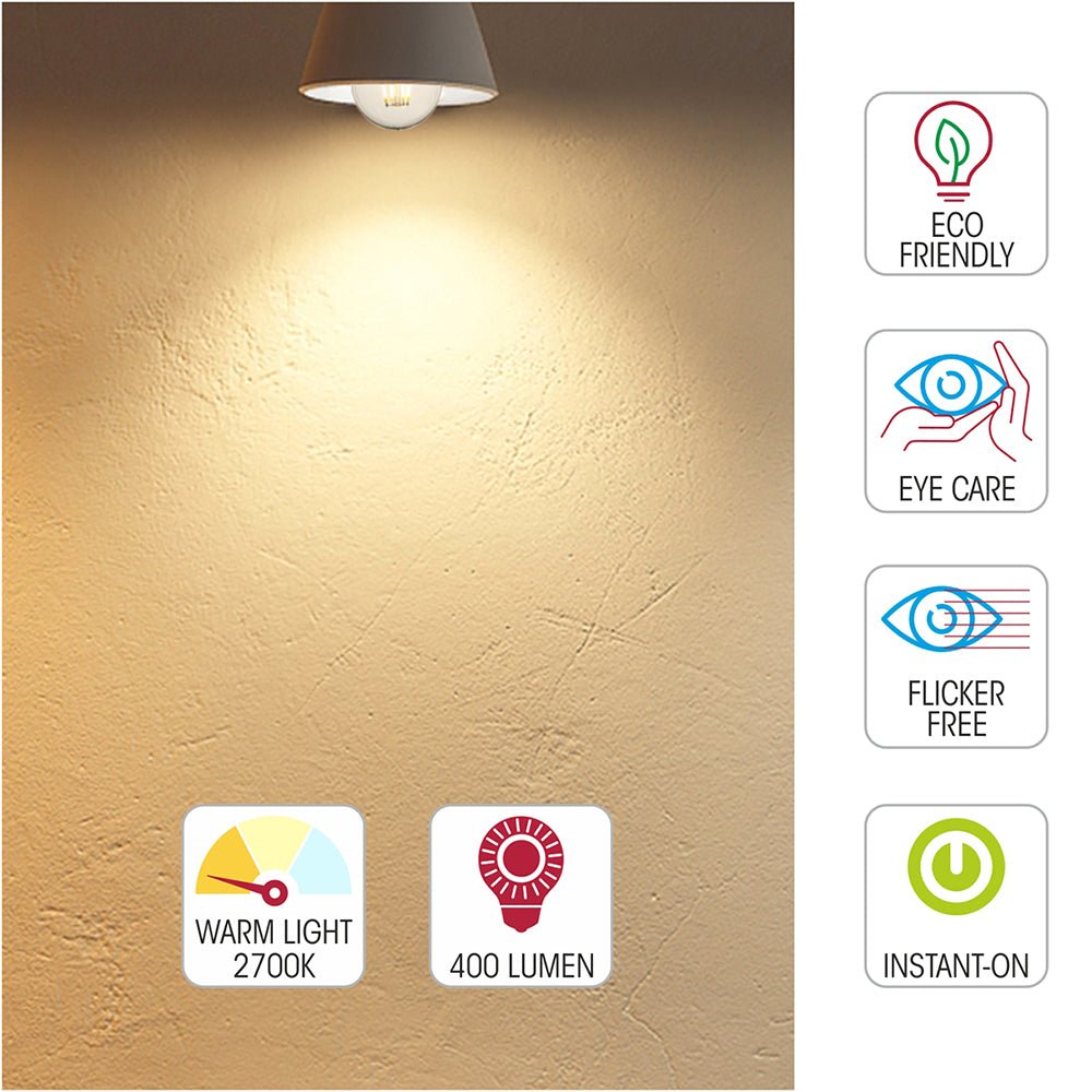 Light specs of led filament gls bulb a60 e27 edison screw 4w 400lm warm white 2700k clear pack of 6