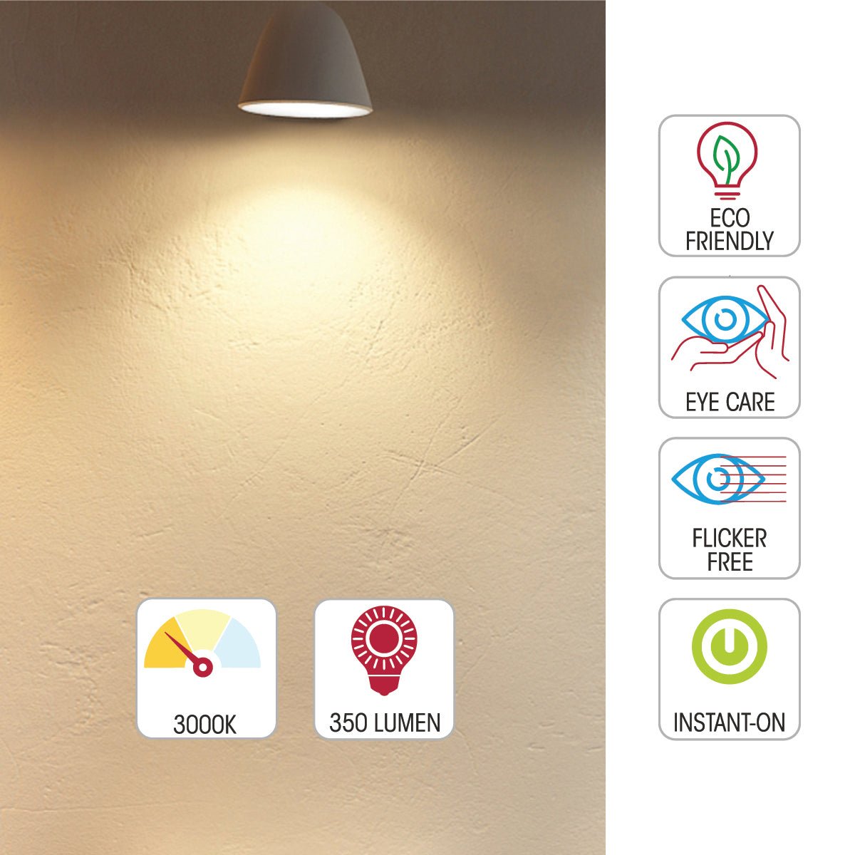Warm, ambient lighting on display. Icons highlight the bulb's eco-friendly, flicker-free, and instant-on features.