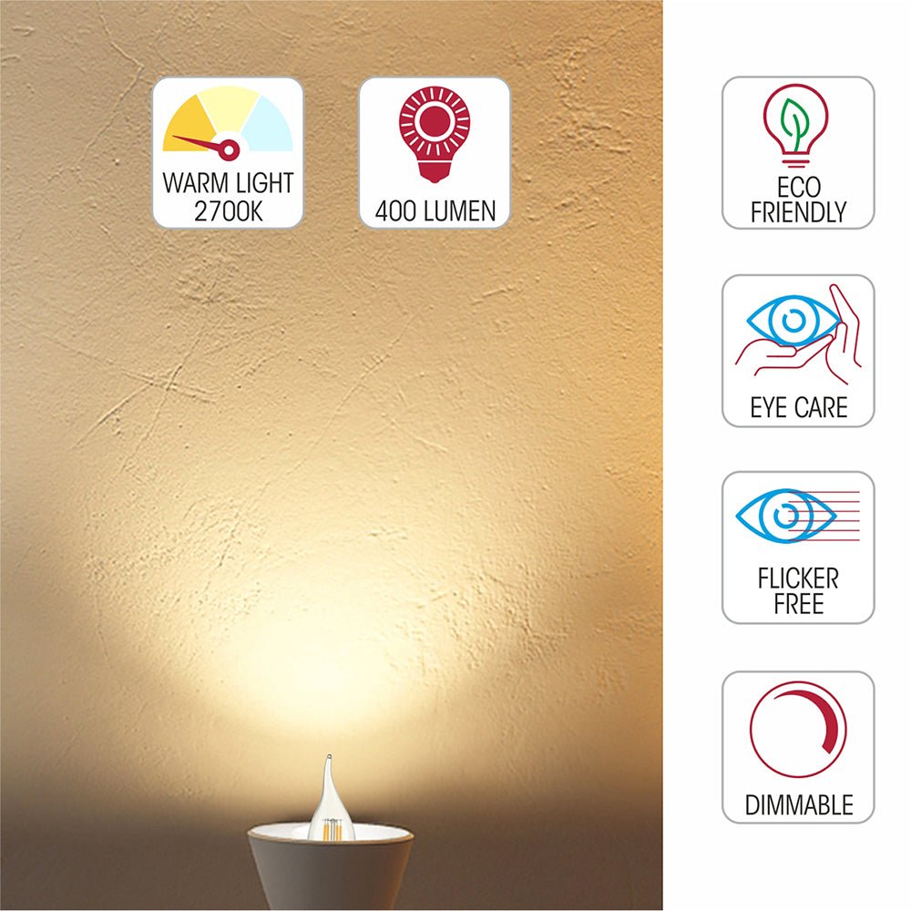 Light specs of led dimmable filament bulb candle c35 tail e14 small edison screw 4w 400lm warm white 2700k clear pack of 2