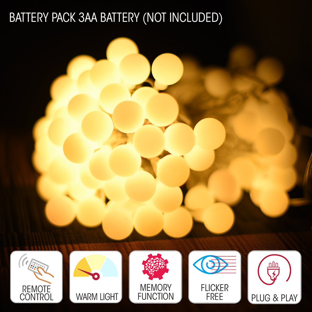 Close up and features of Felis LED Globe 80 LEDs 8m with Battery Pack & Remote Control Warm White LED String Light