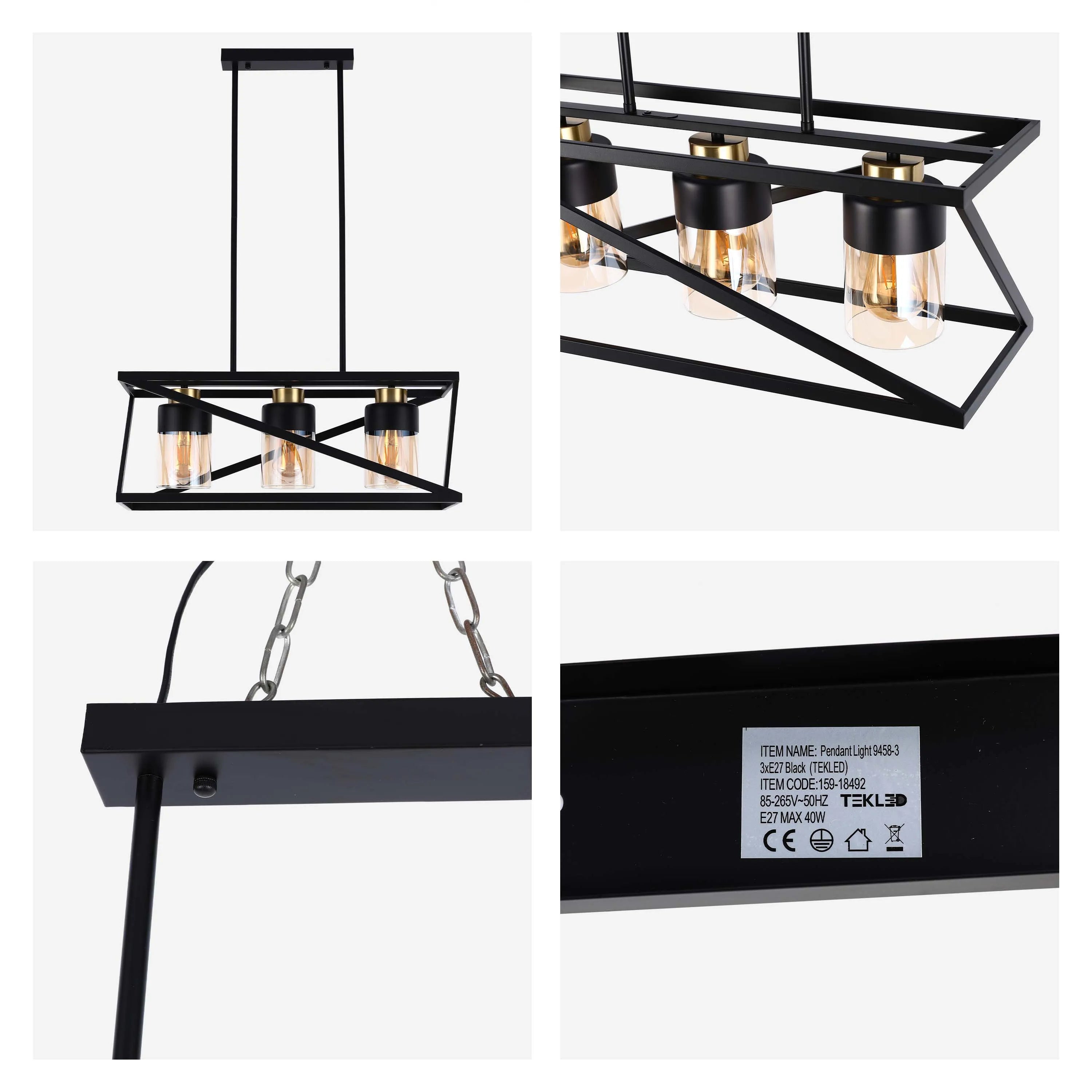 Black pendant light fixture with three Edison-style bulbs and a geometric frame. Modern and stylish.