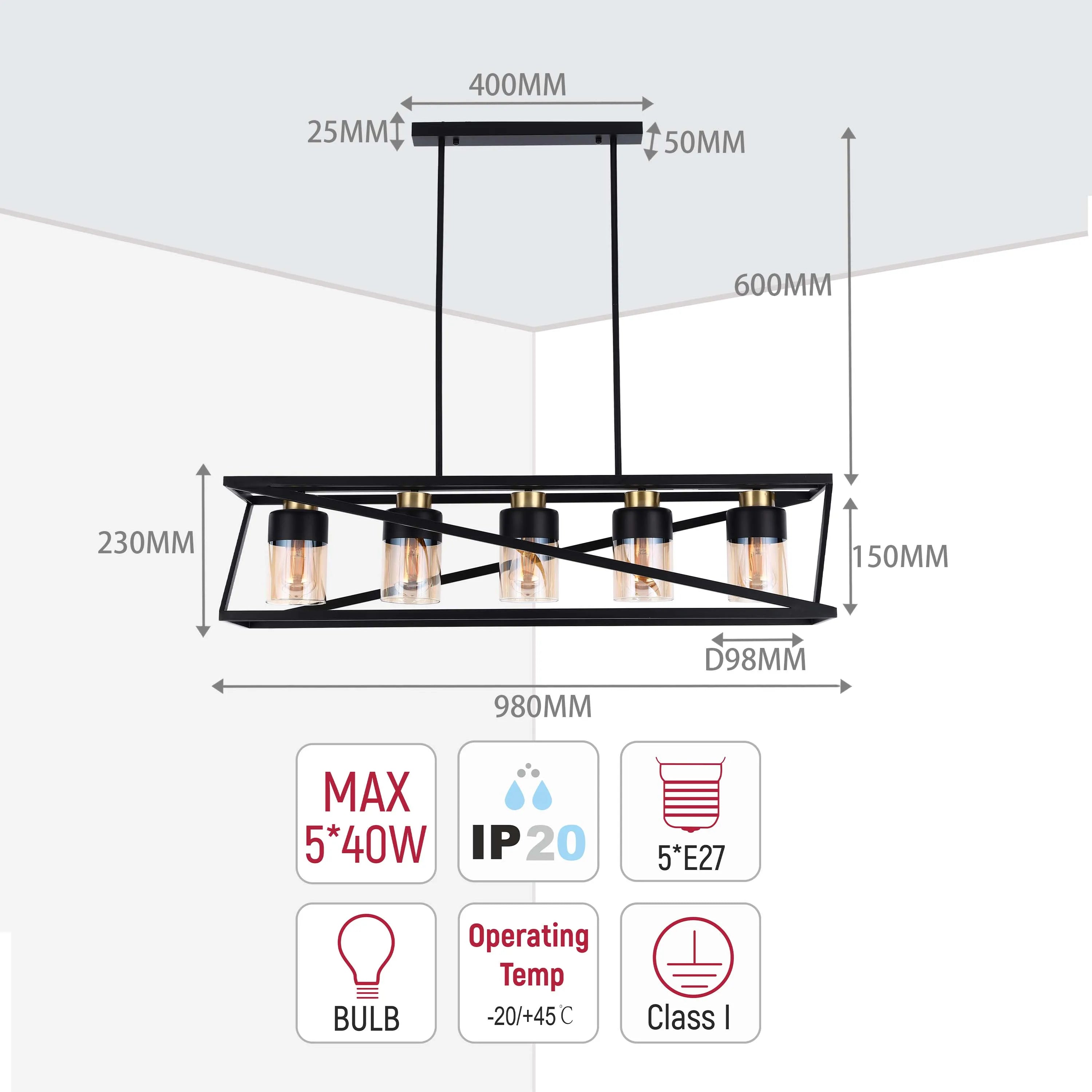 Stylish five-bulb pendant lighting with a rectangular frame. Dimensions are shown with clear markers.