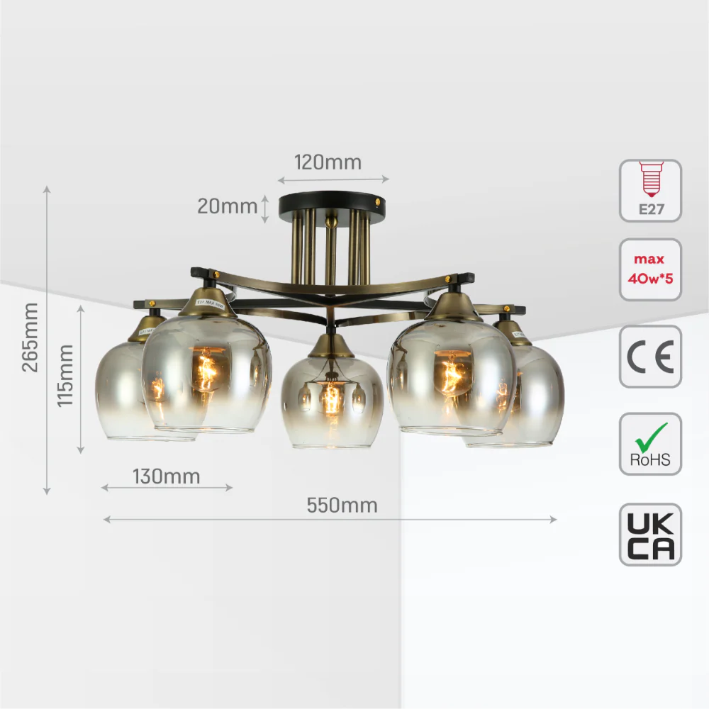Size and tech specs of Geometric Starburst Faded Smoky Grey Globe Black & Bronze Ceiling Light | TEKLED 159-179985