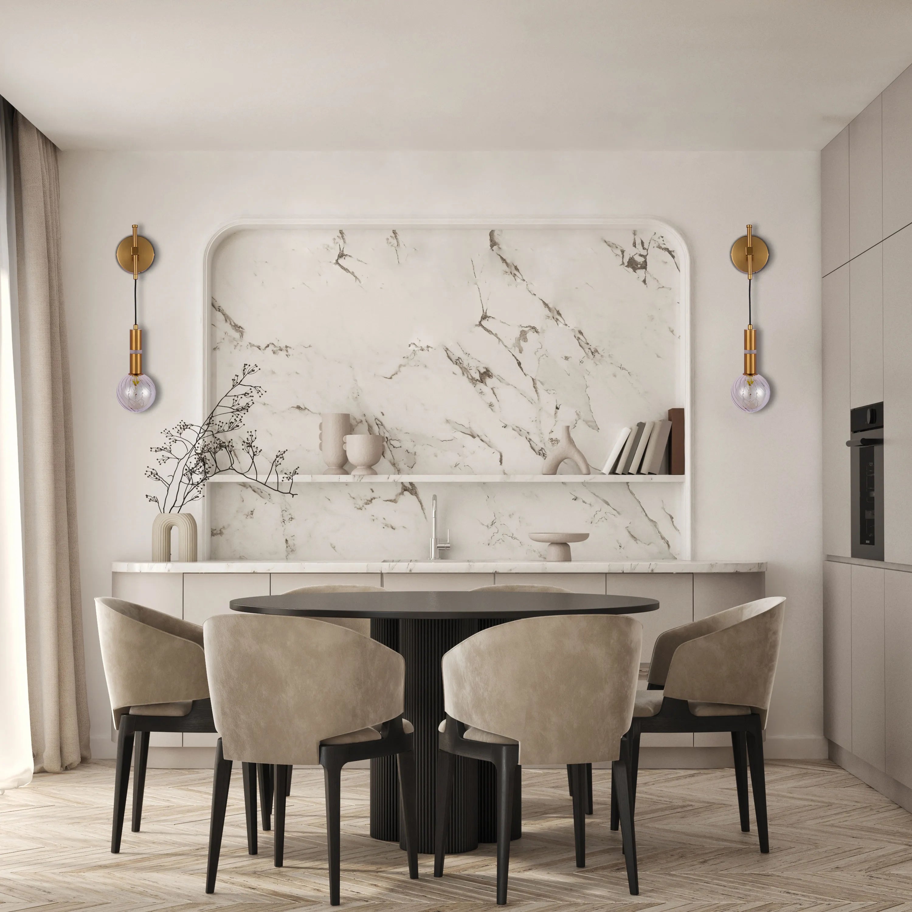 Stylish wall sconces illuminate this elegant dining space. Gold fittings hold glass globes, casting a soft, ambient light.