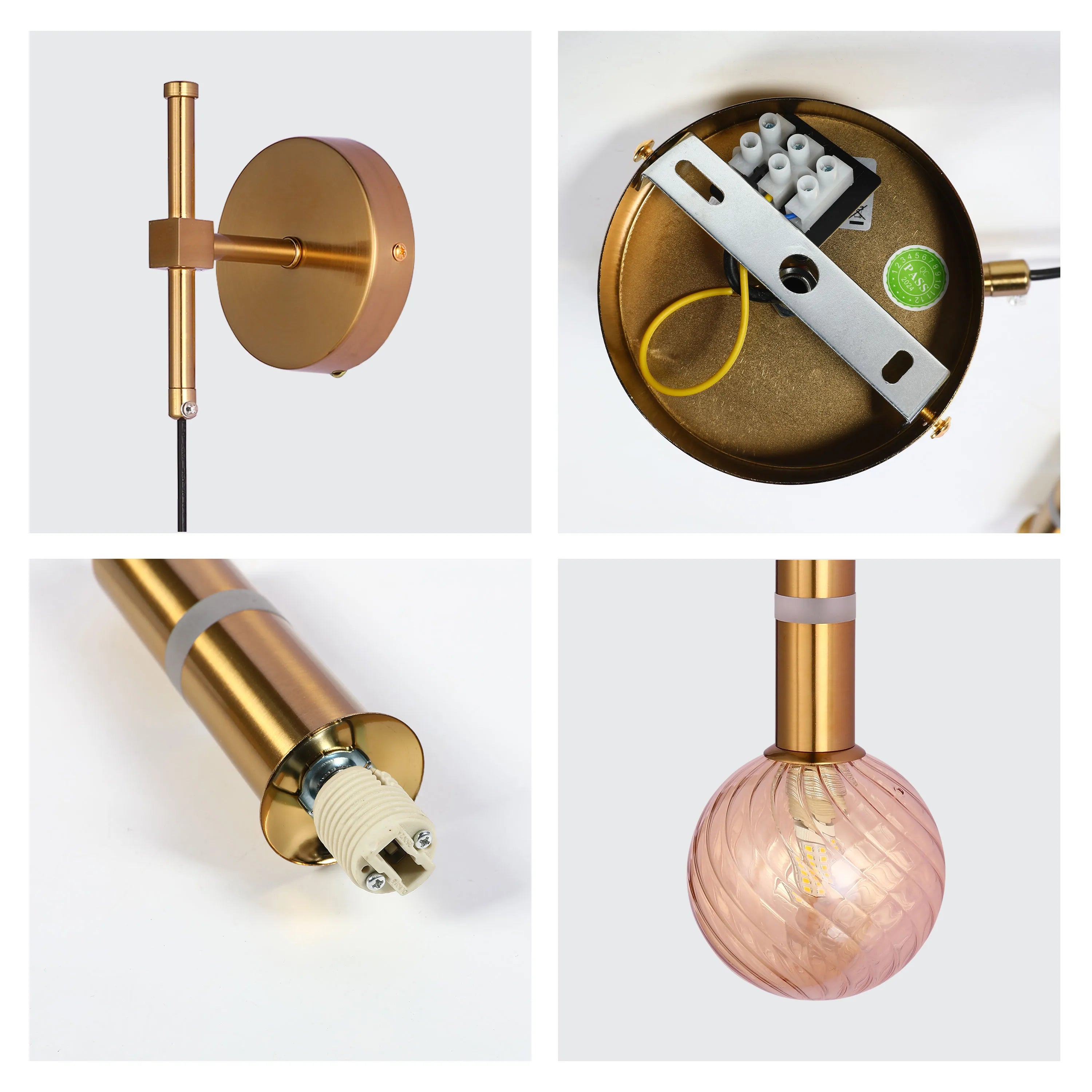 Contemporary wall and pendant light with a gold finish and pink glass shade, offering a sleek and modern lighting solution.