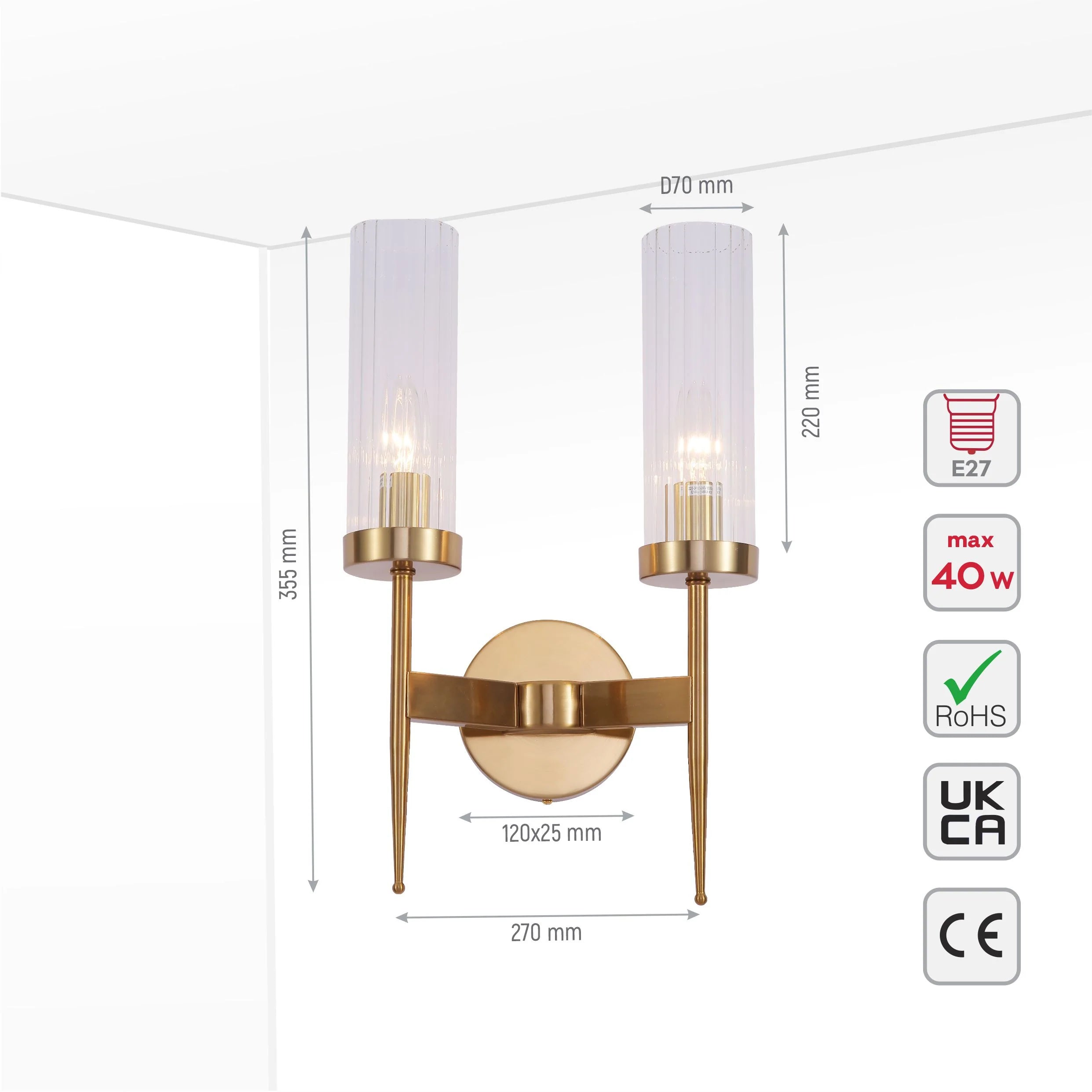 A stylish two-bulb wall light with fluted glass shades and a sleek gold finish. Ideal for adding a touch of elegance.