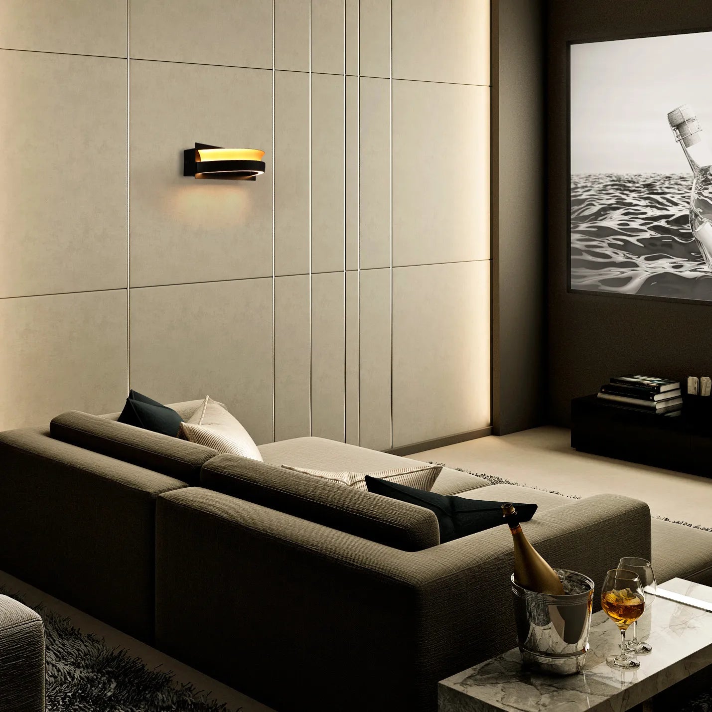 Stylish wall lighting casts a warm glow on the modern interior, highlighting the textured wall and complementing the sleek furniture.