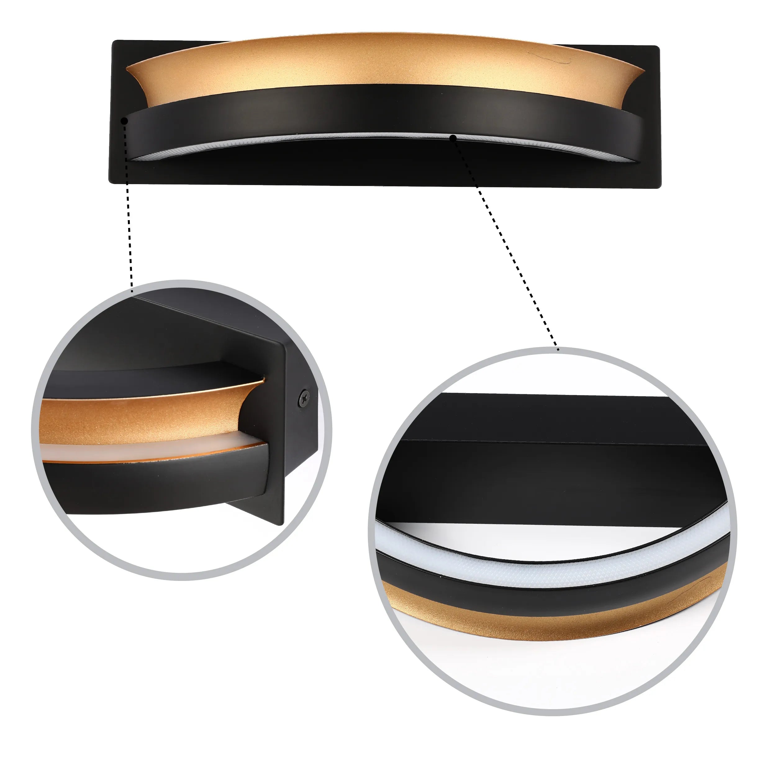 Modern, curved wall light in black and gold with integrated LED. Stylish and energy-efficient.
