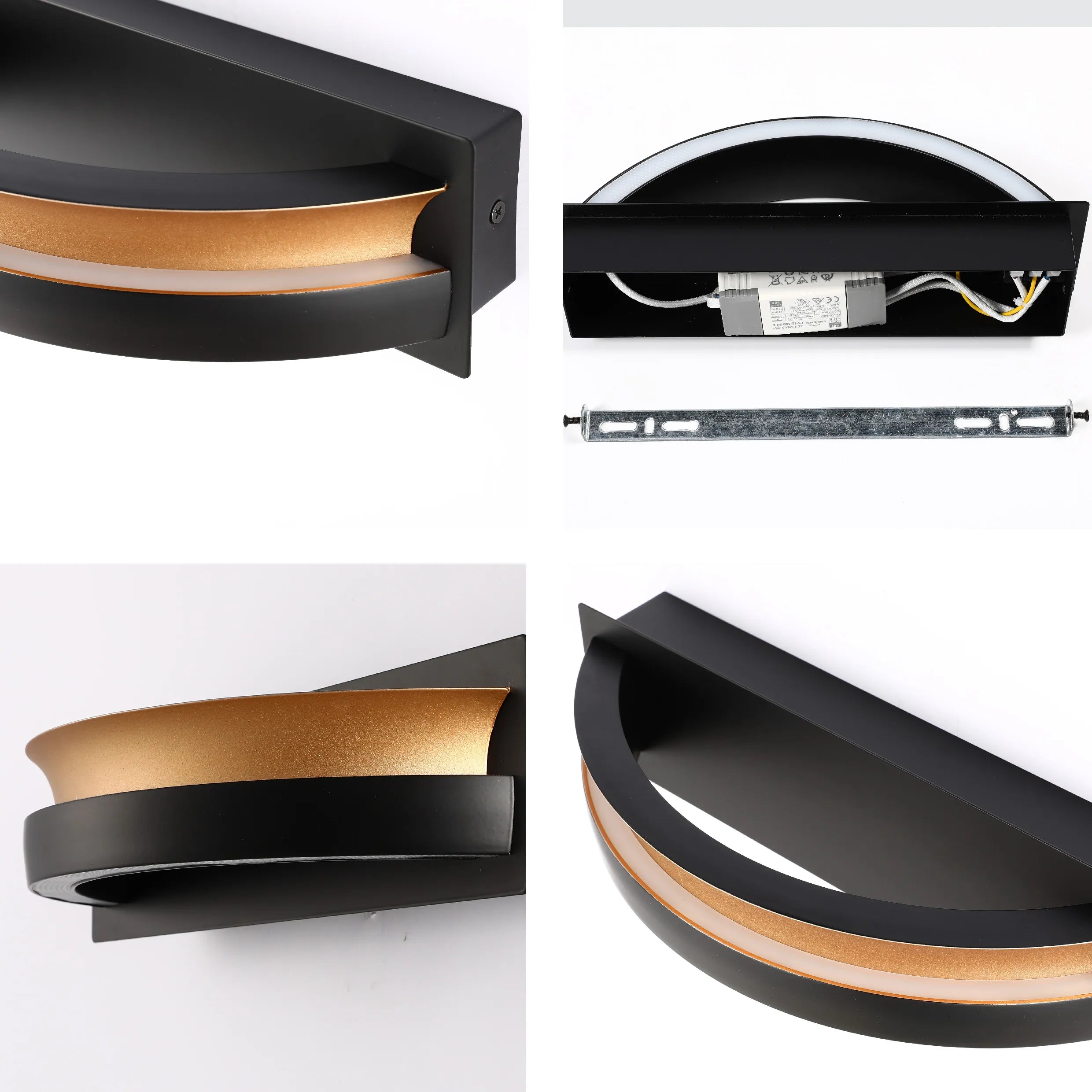A modern, curved wall light in black and gold, showcasing a minimalist and elegant design for contemporary interiors.