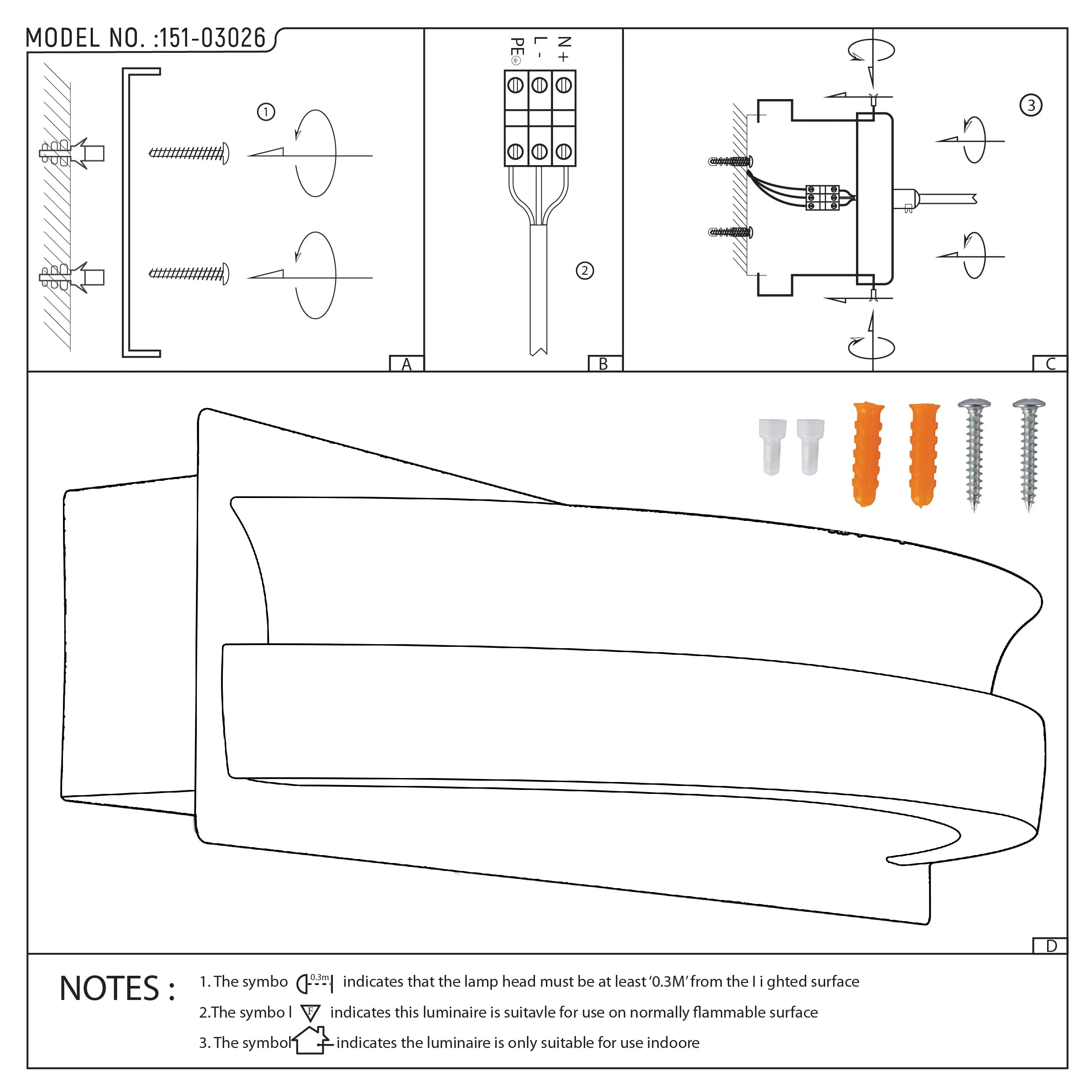Technical drawing for light fitting install. Includes wiring diagram, fixing and safety notes for flammable surfaces and indoor use only.