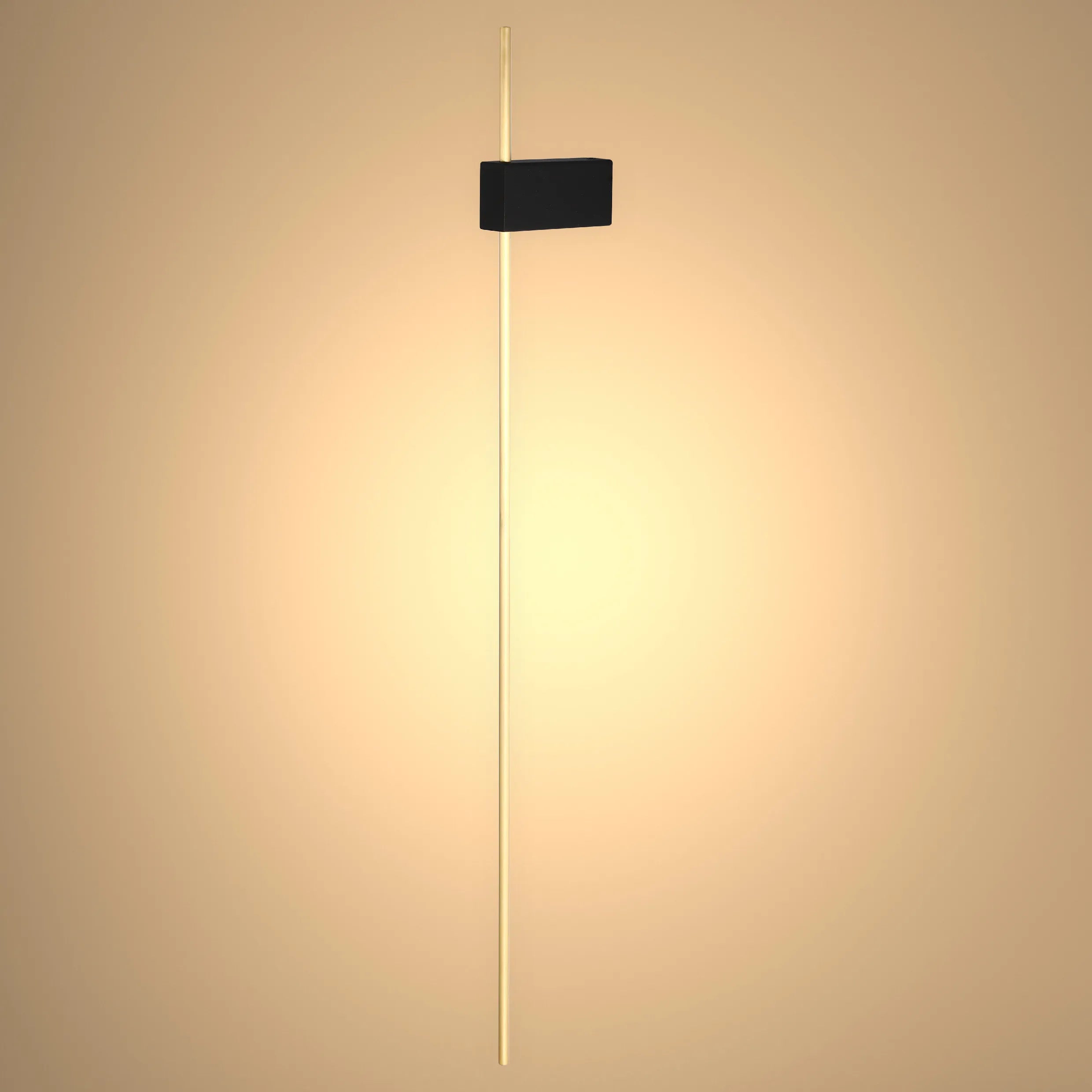 Contemporary wall light featuring a sleek golden rod and black rectangular fixture. Warm, inviting glow creates a modern ambience.