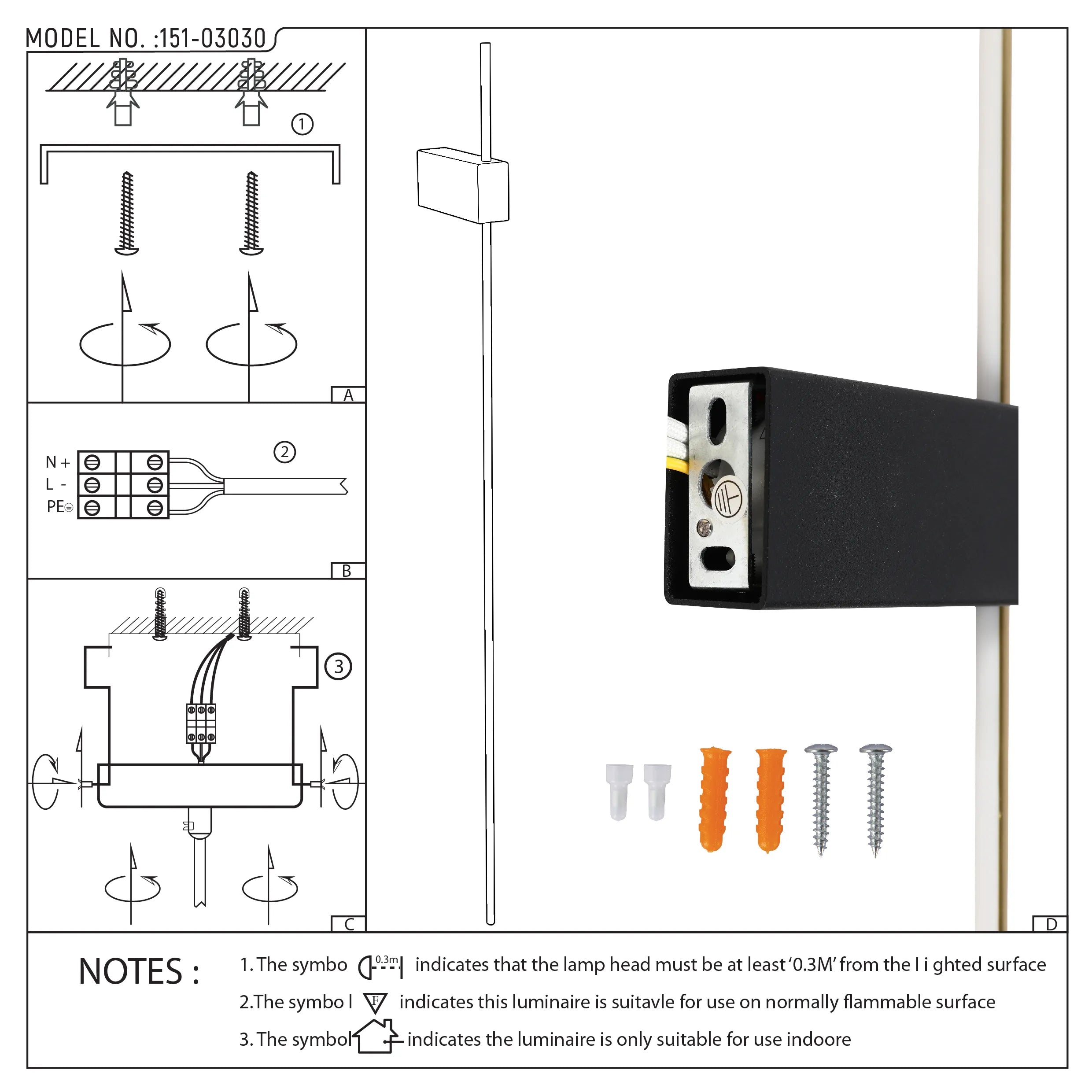 A schematic showing the installation of a wall mounted light fixture, with fixings and wiring diagrams included.