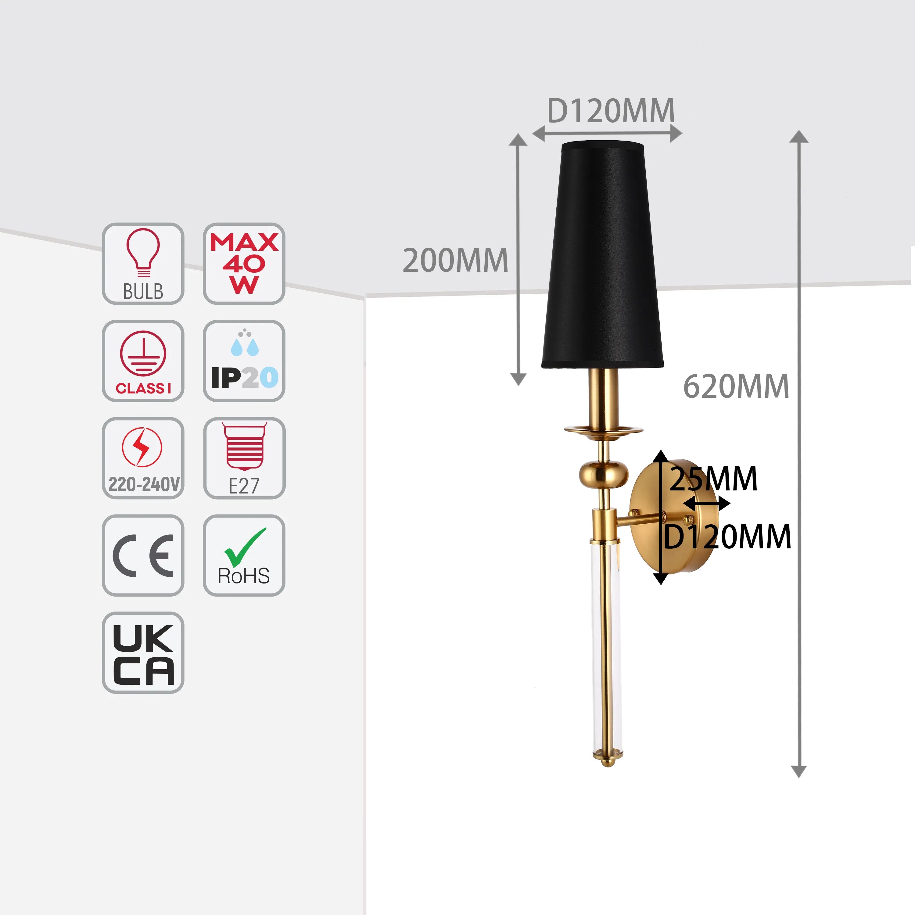 A wall mounted light with gold finish and a black shade, with height and width measurements marked.