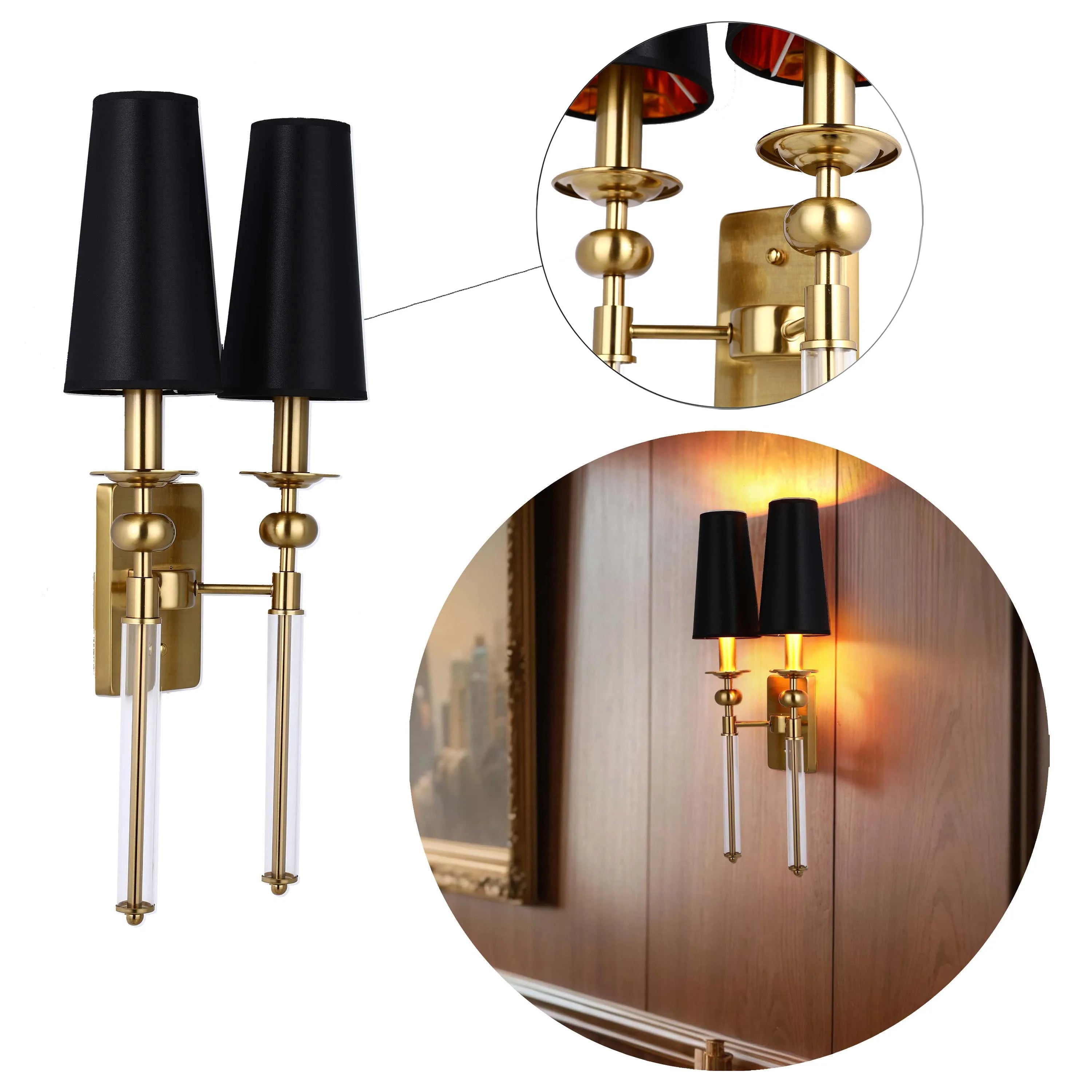 Stylish wall sconce with black shades and crystal accents, offering a touch of modern elegance.