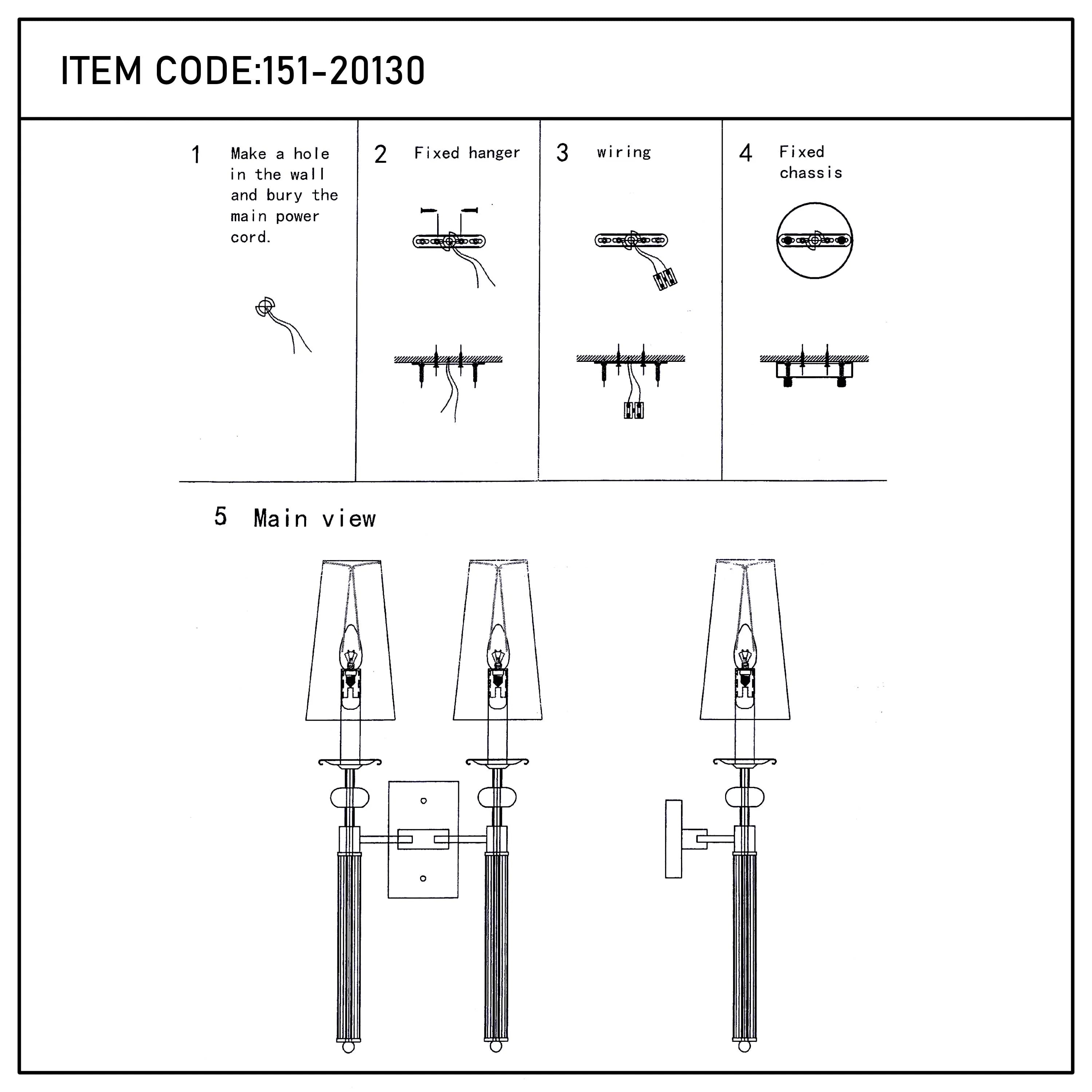 Diagram showing the steps to assemble a wall-mounted sconce. Item code: 151-20130.