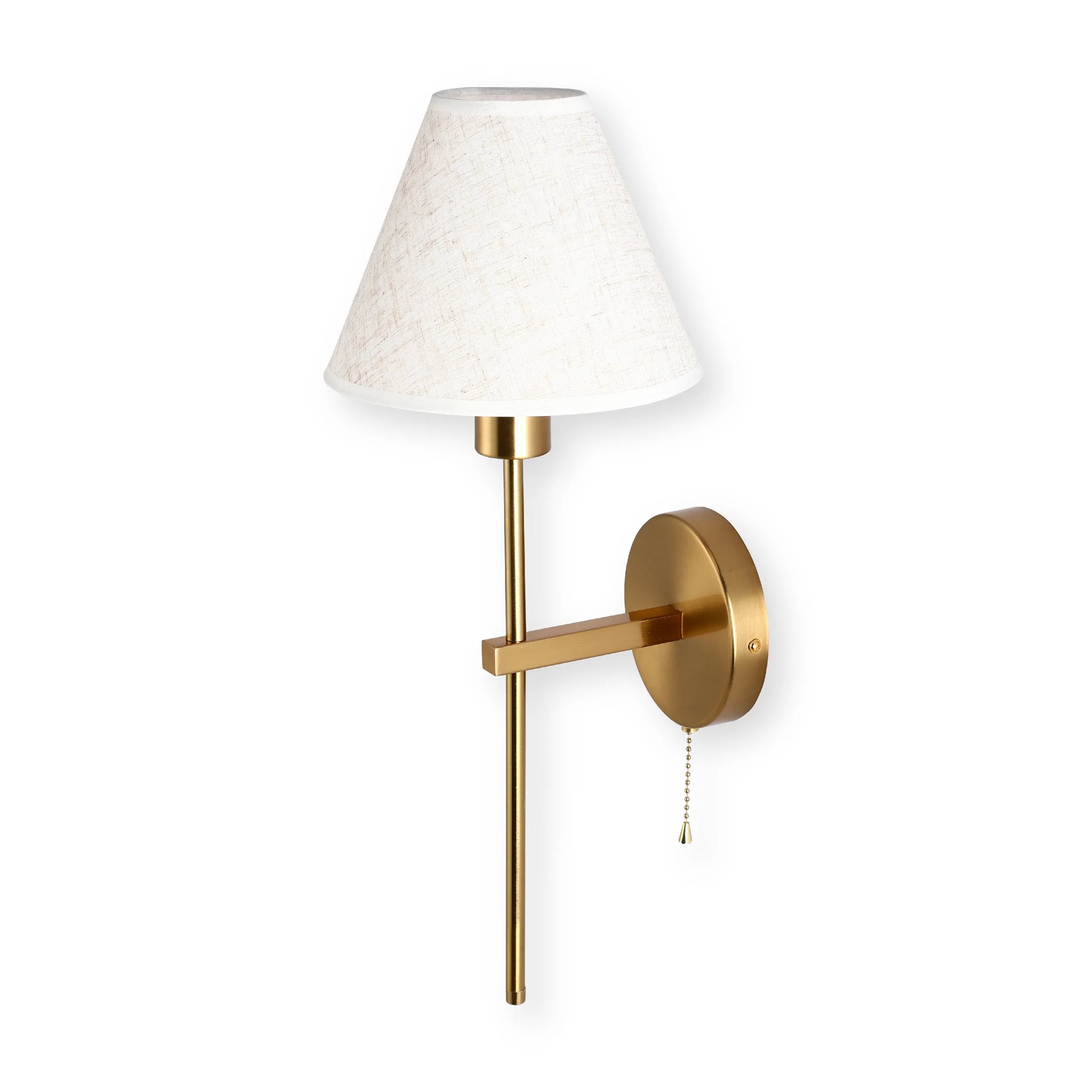 A gold wall light with a pull chain switch and a simple, off-white shade. Modern and stylish.
