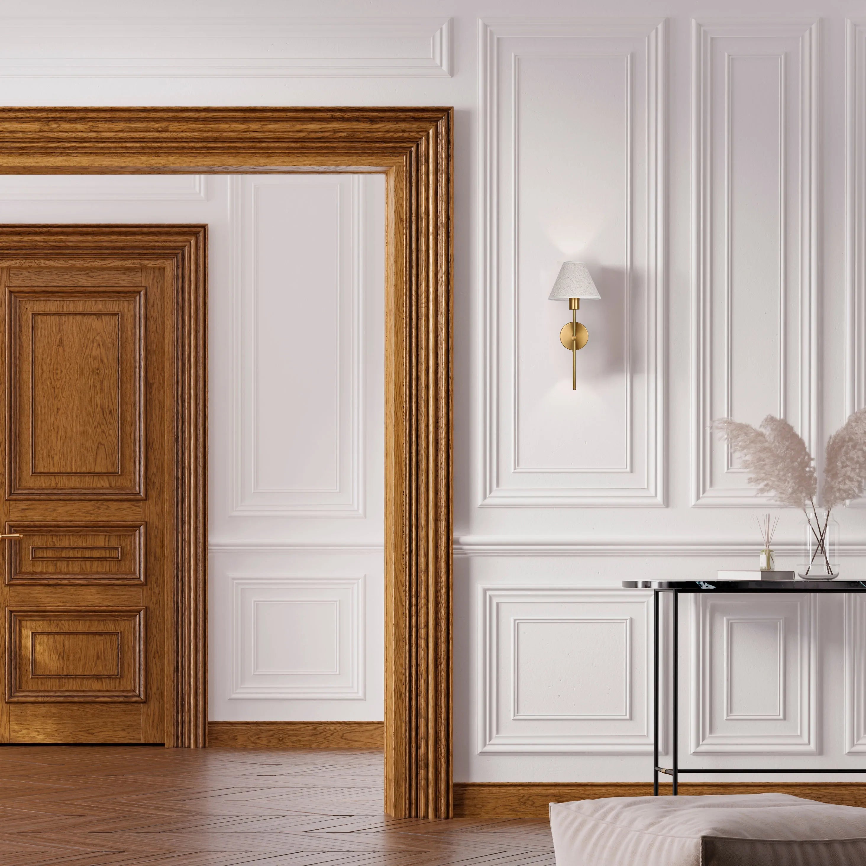 A sophisticated interior with a brass wall light, creating a warm and inviting ambiance against the ornate wall panelling.