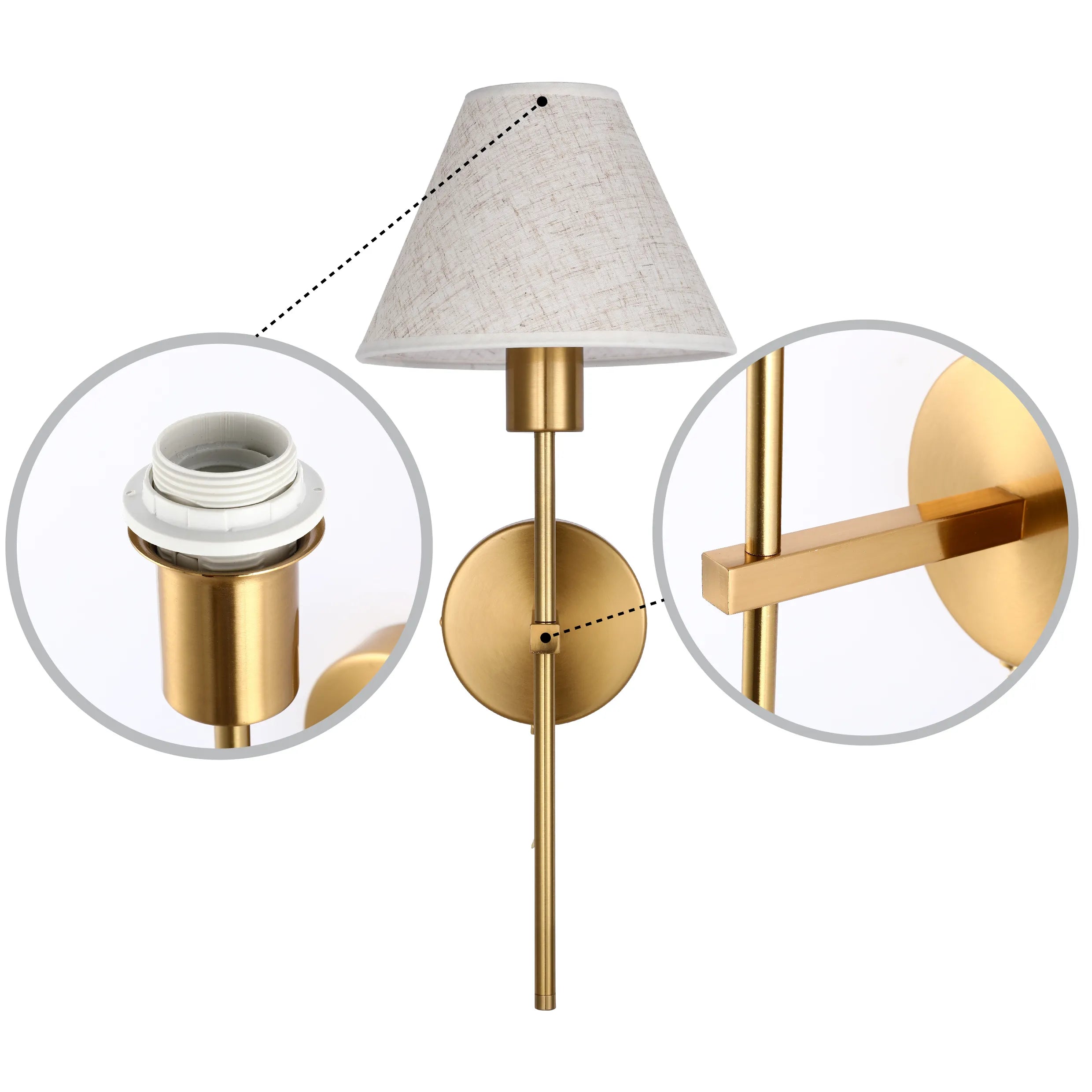 A modern wall light with a beige shade and gold-coloured fixture.