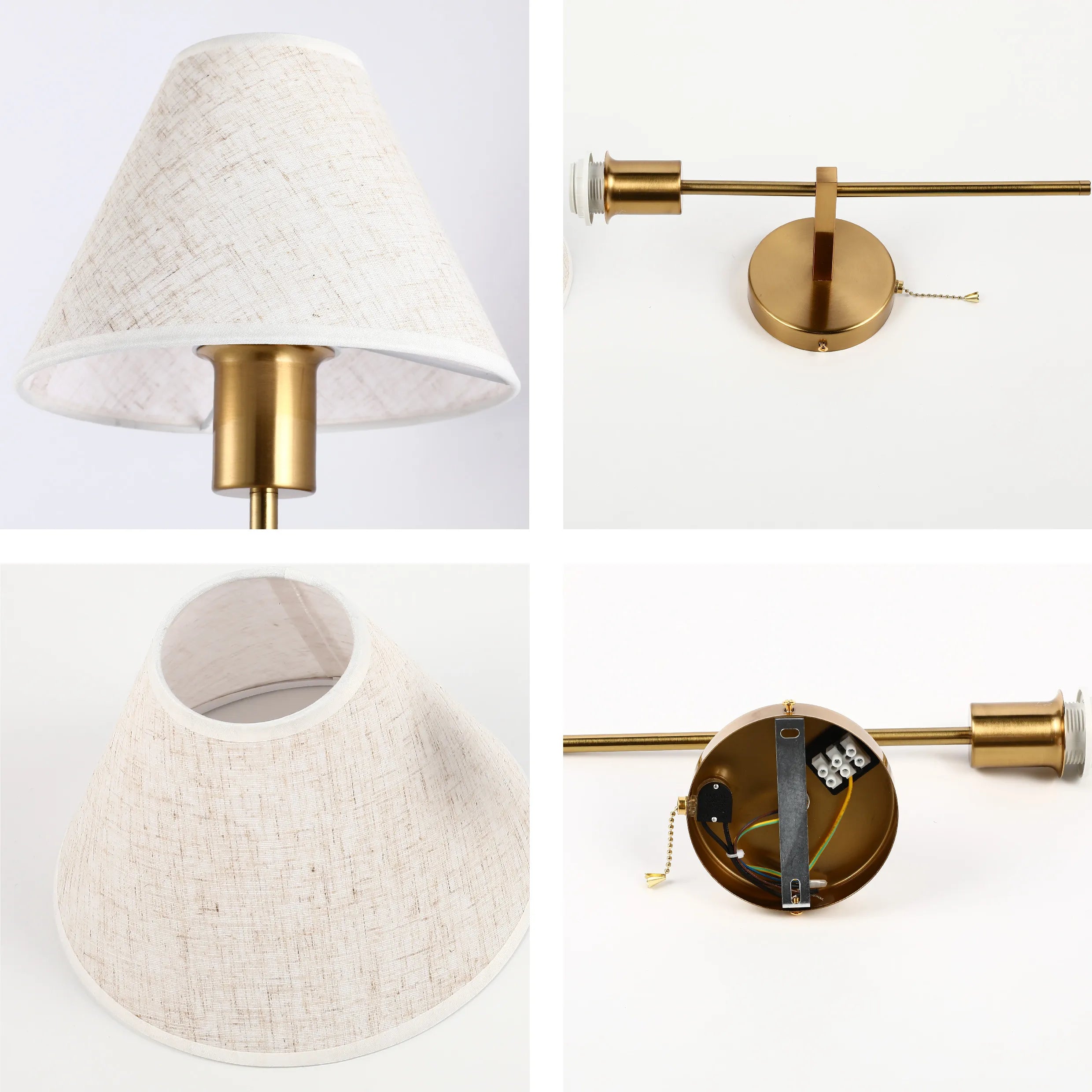 A brass wall light with a linen lampshade and pull switch.
