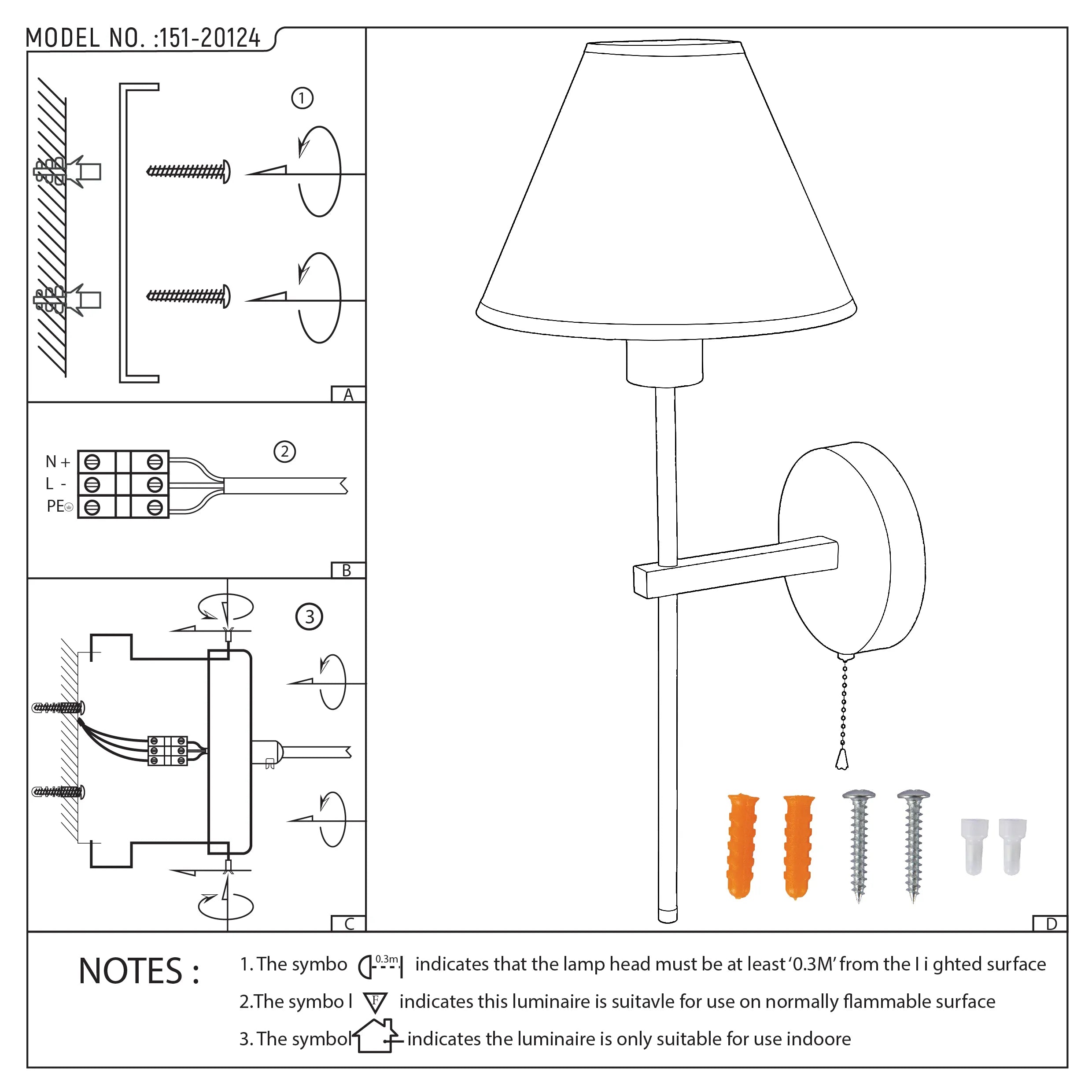 Line art diagram showing the assembly of a wall mounted lamp. It includes installation steps and safety notes for indoor use.