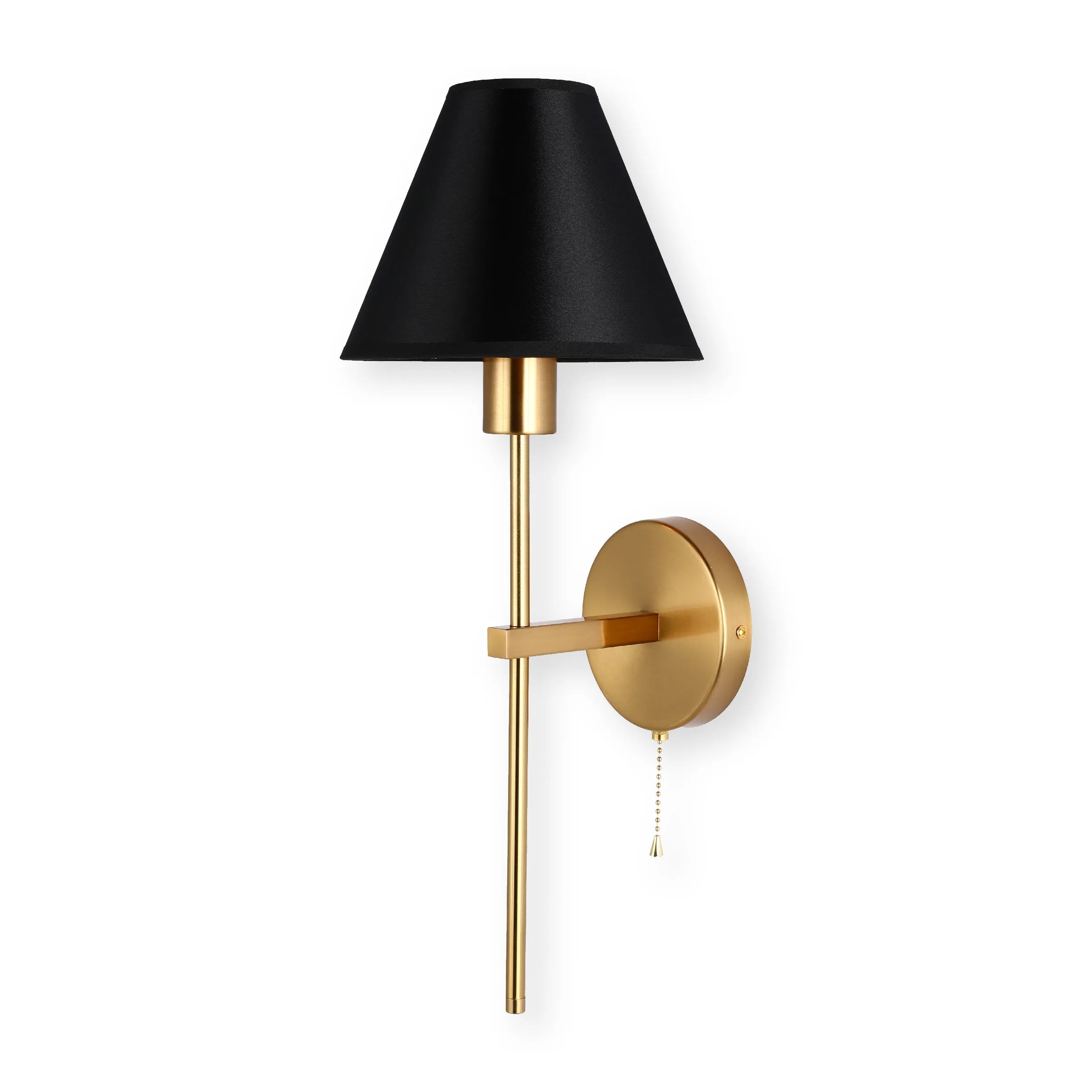 A stylish gold sconce with a black lampshade, perfect for adding a touch of elegance to any room.