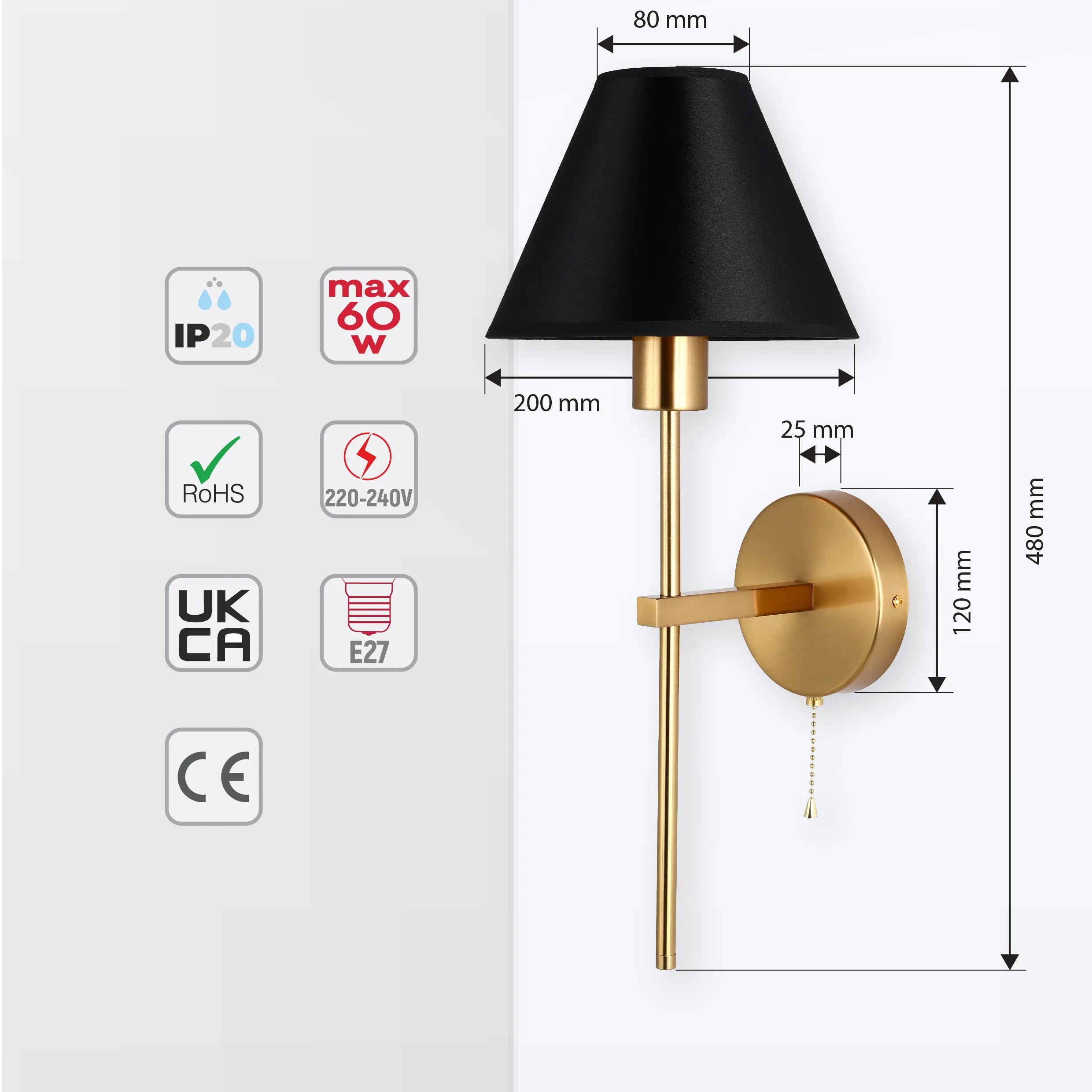A modern gold wall light with a black shade. Dimensions are shown.