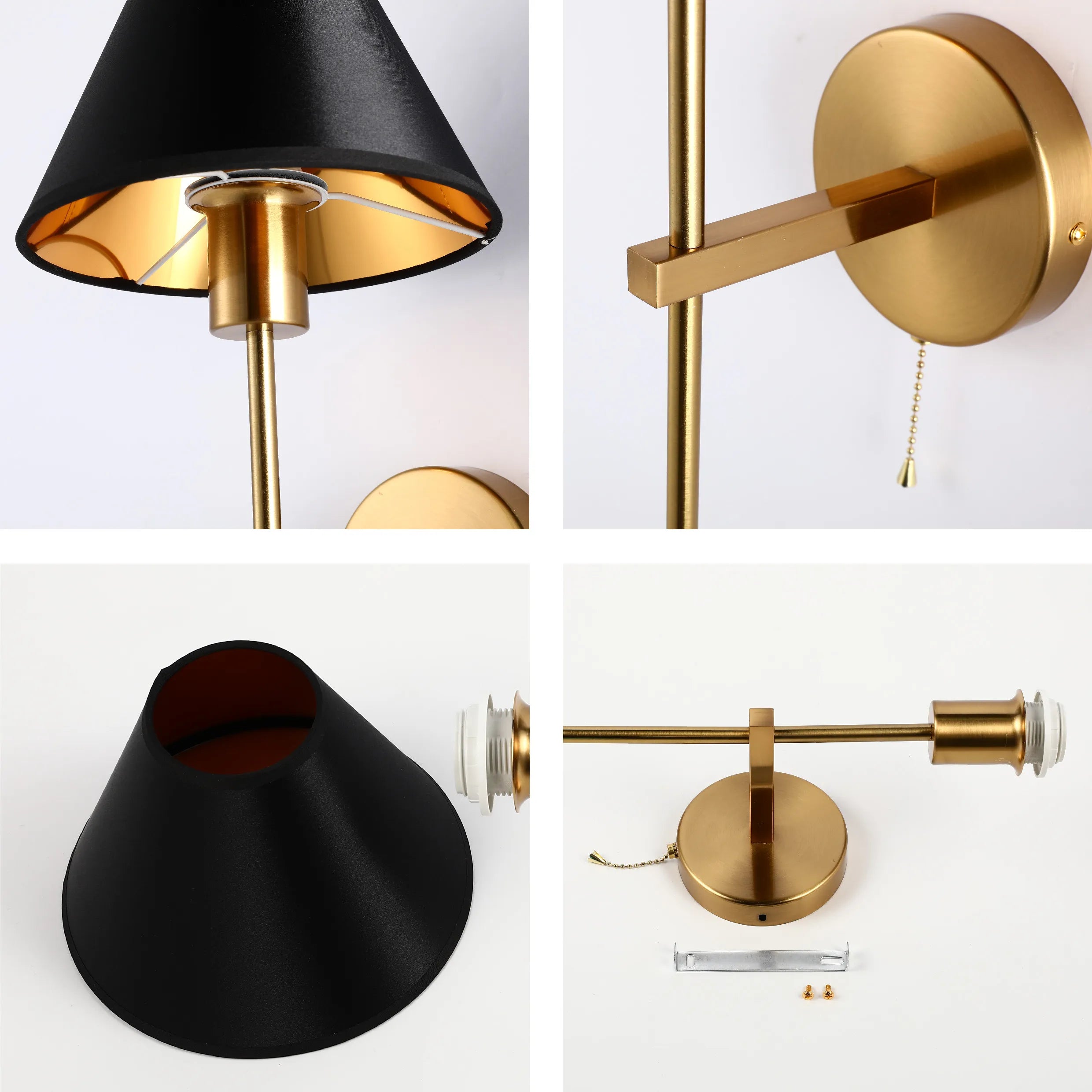 A stylish wall light in gold with a black conical lampshade. The interior of the shade is a reflective gold colour.