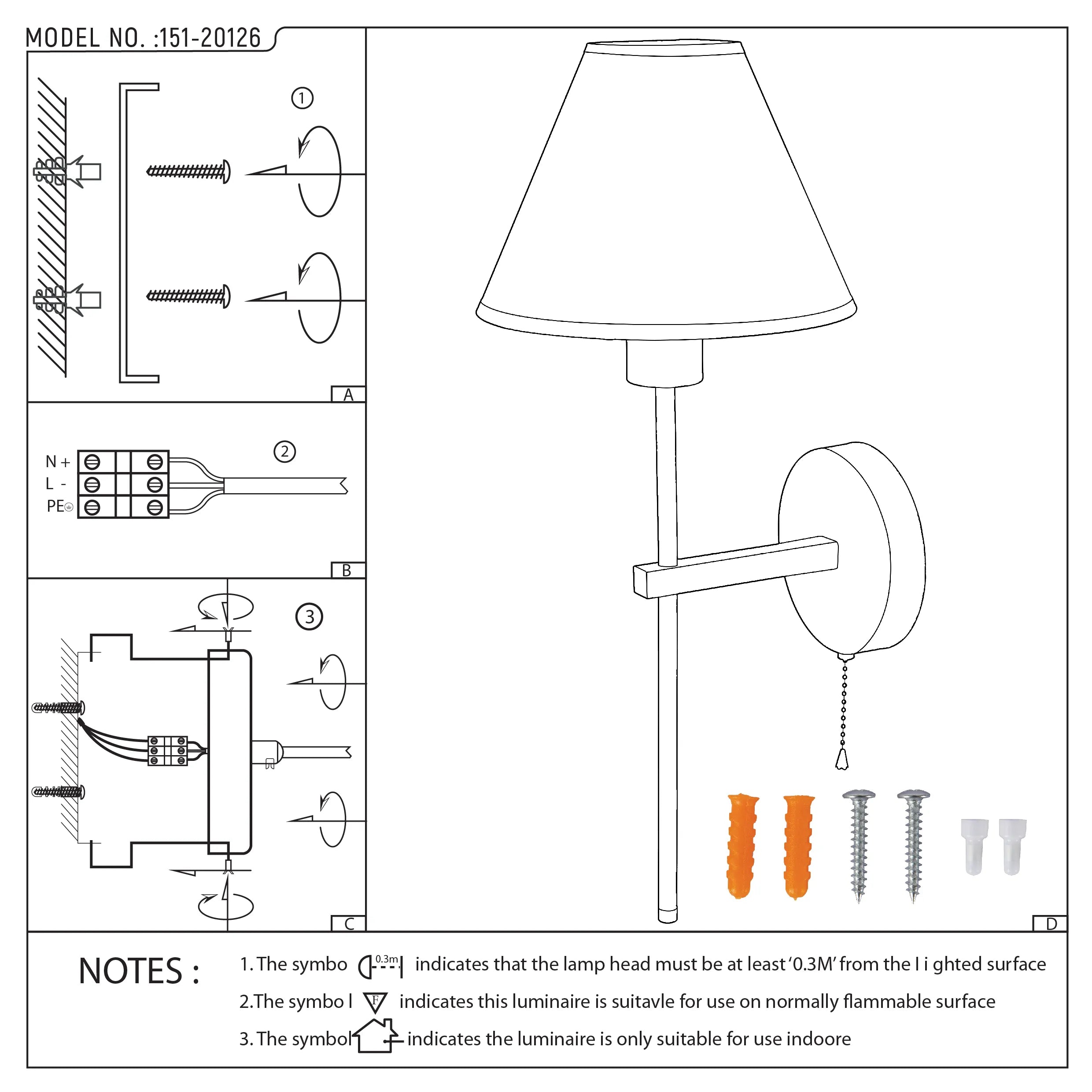 A line drawing depicts the components and steps required to install a wall mounted sconce. Installation diagram with components.