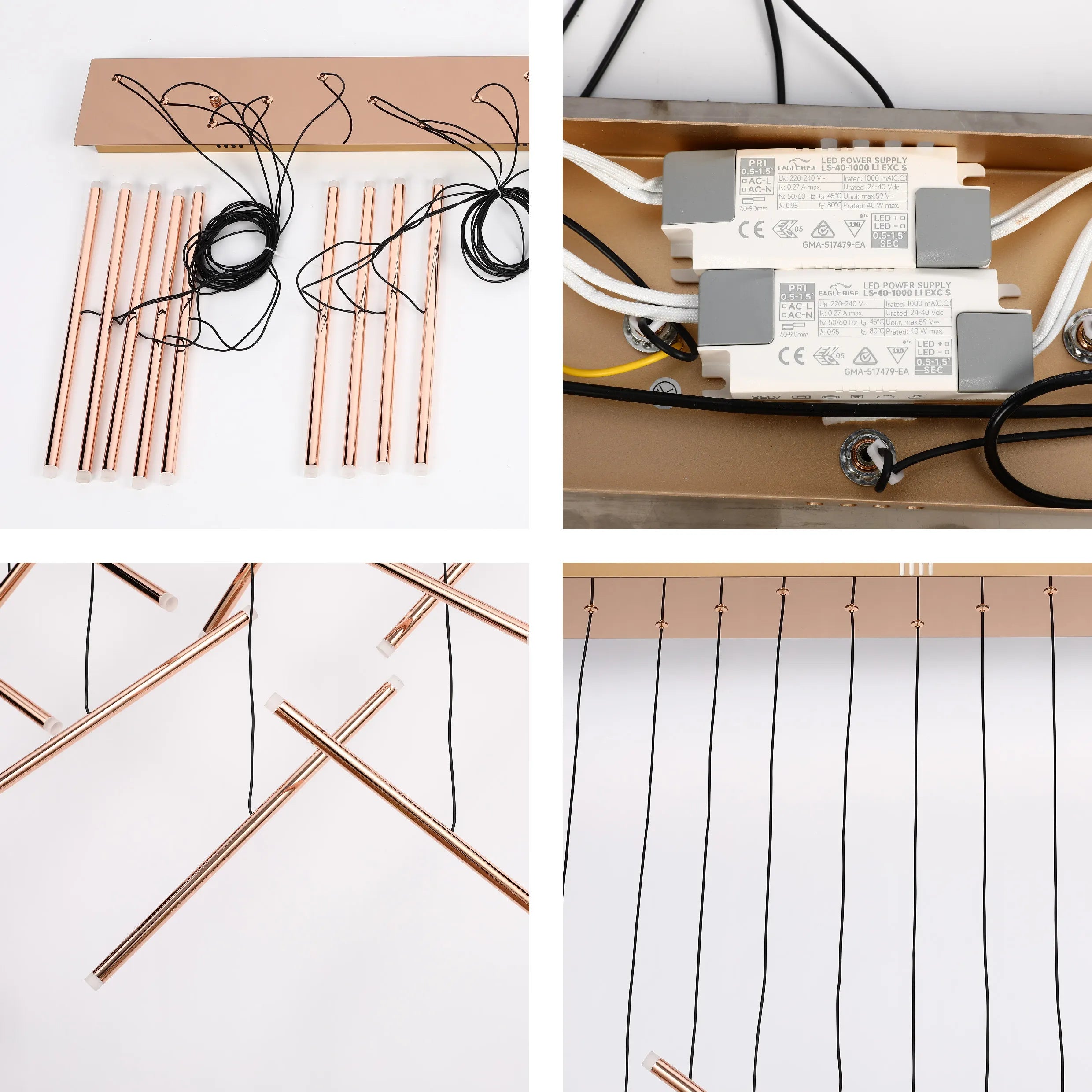A contemporary LED chandelier with copper tubes suspended from a rectangular ceiling plate by black cords.