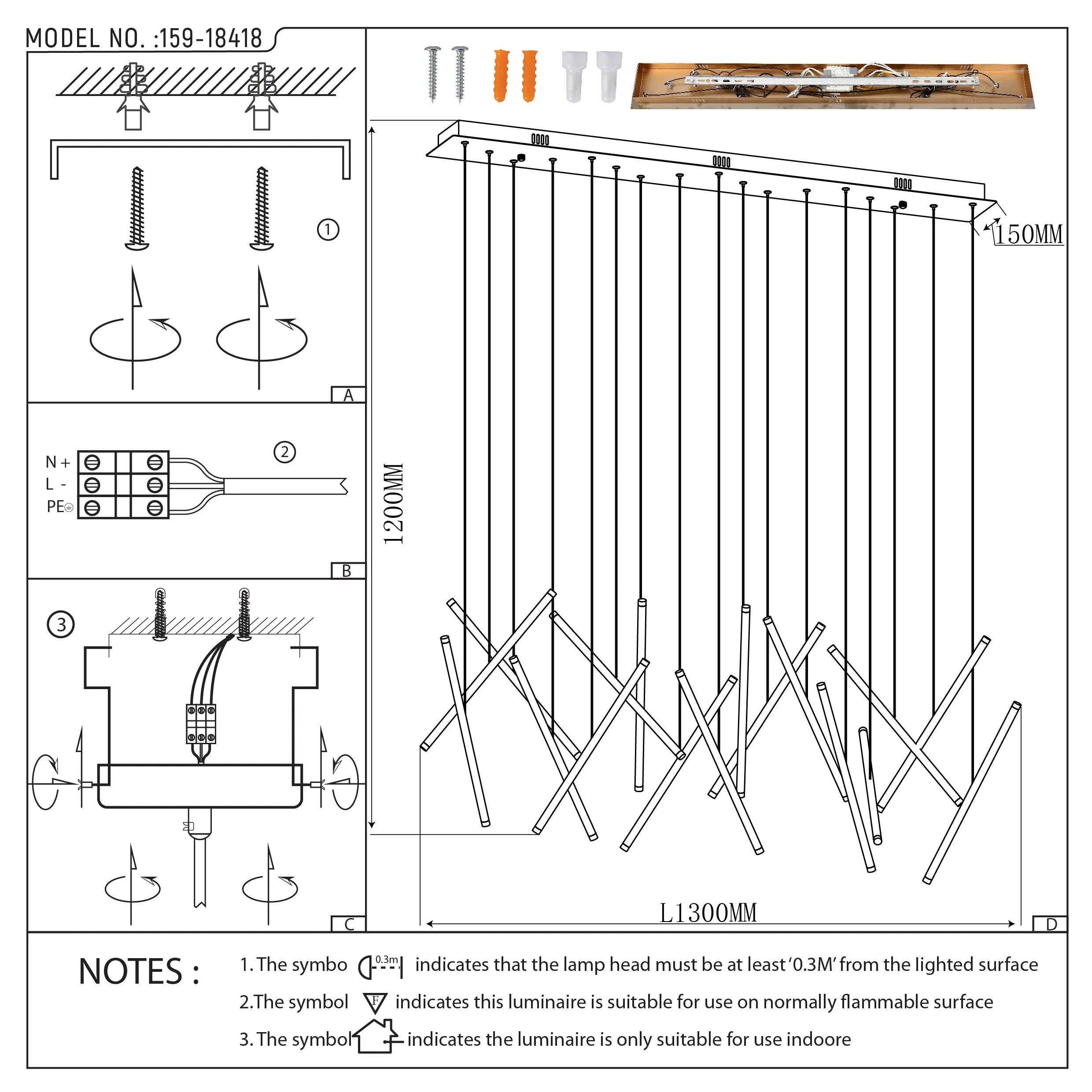 Modern pendant light fixture with geometric rod design, suspended from a long, rectangular canopy. Technical diagram with dimensions.