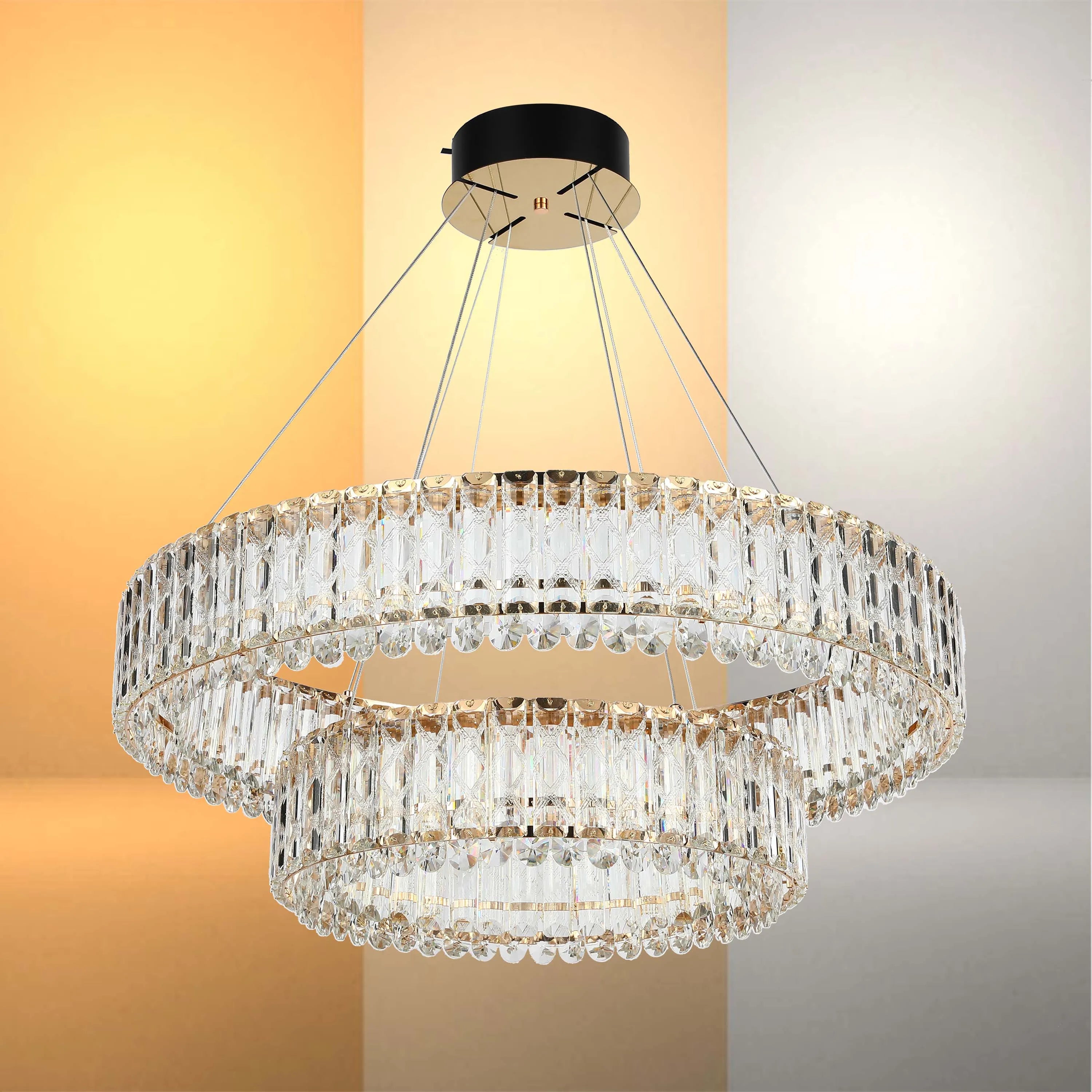 A dazzling two-tiered crystal chandelier with a contemporary round design, radiating elegance and warmth.