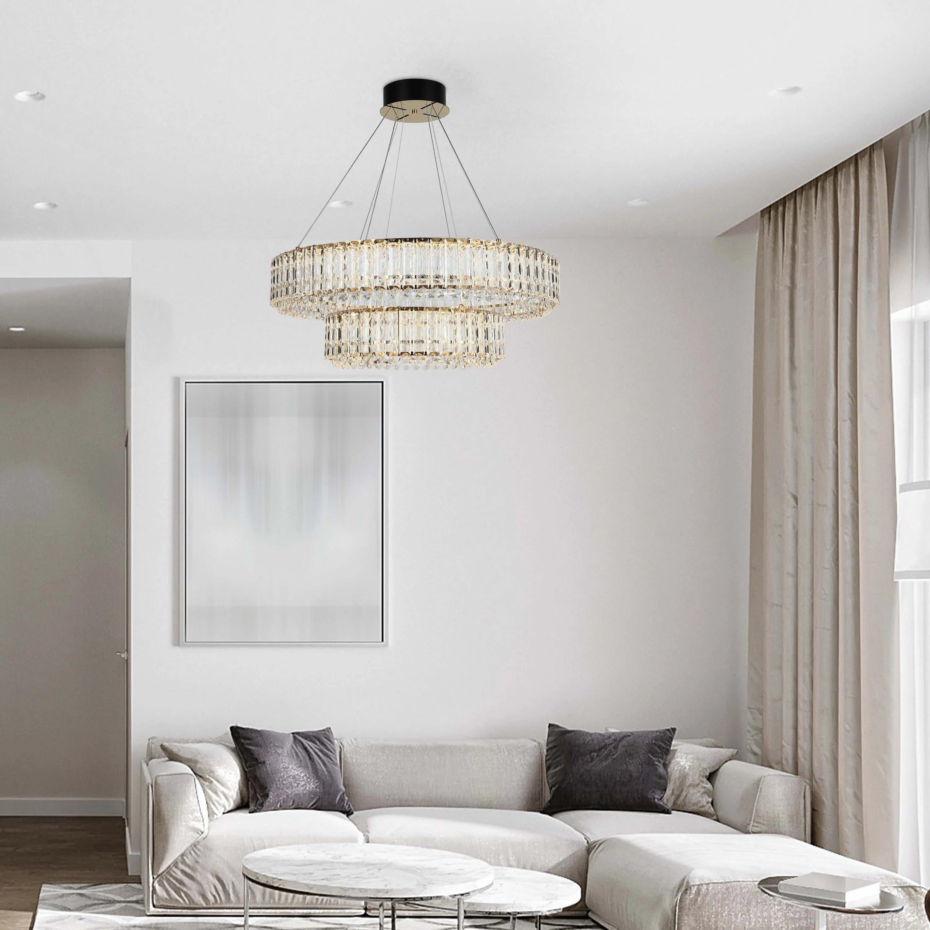 A two-tiered crystal chandelier adds a touch of luxury to this modern living room.