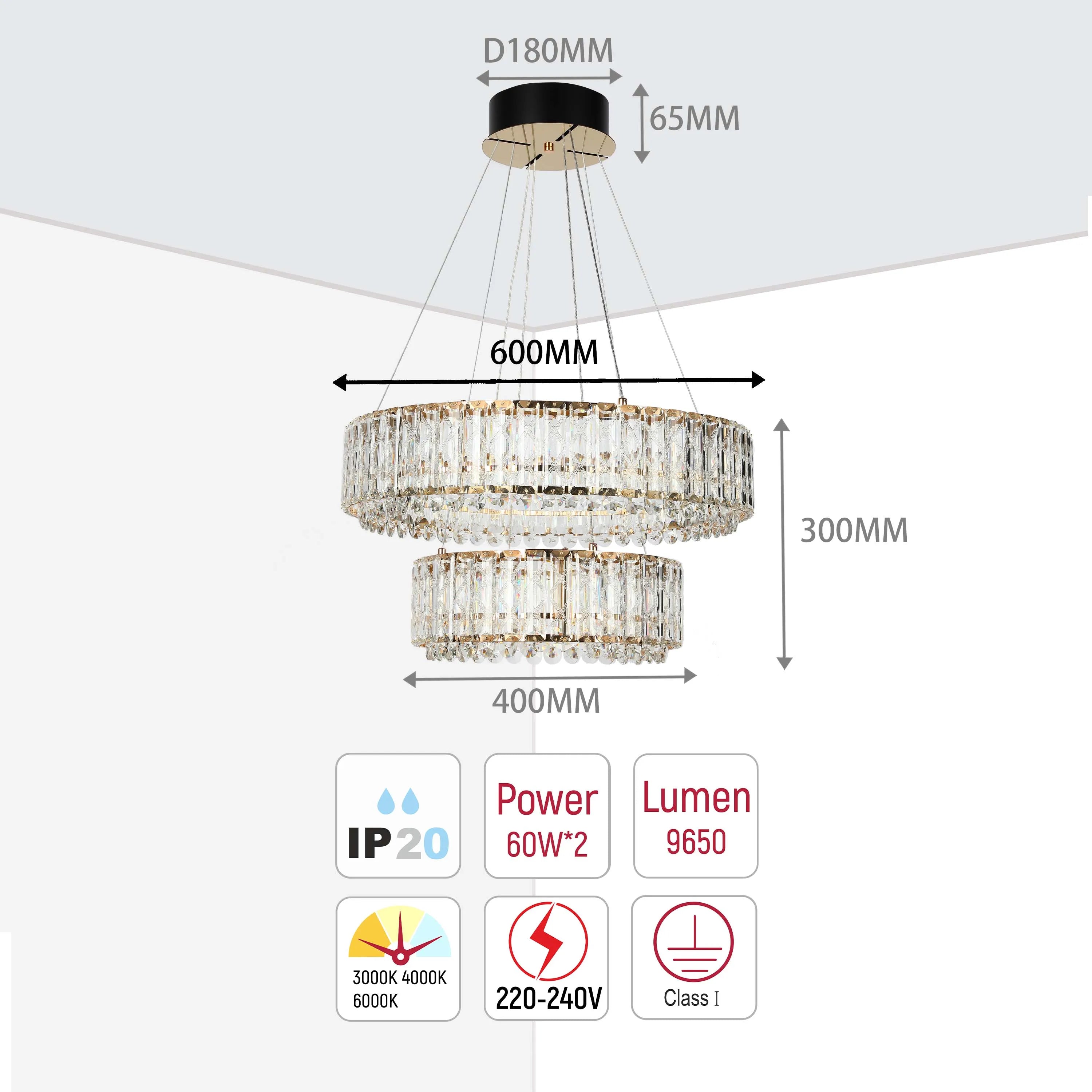 A two tier crystal chandelier with a gold frame and chrome suspension wires. Dimensions are shown.