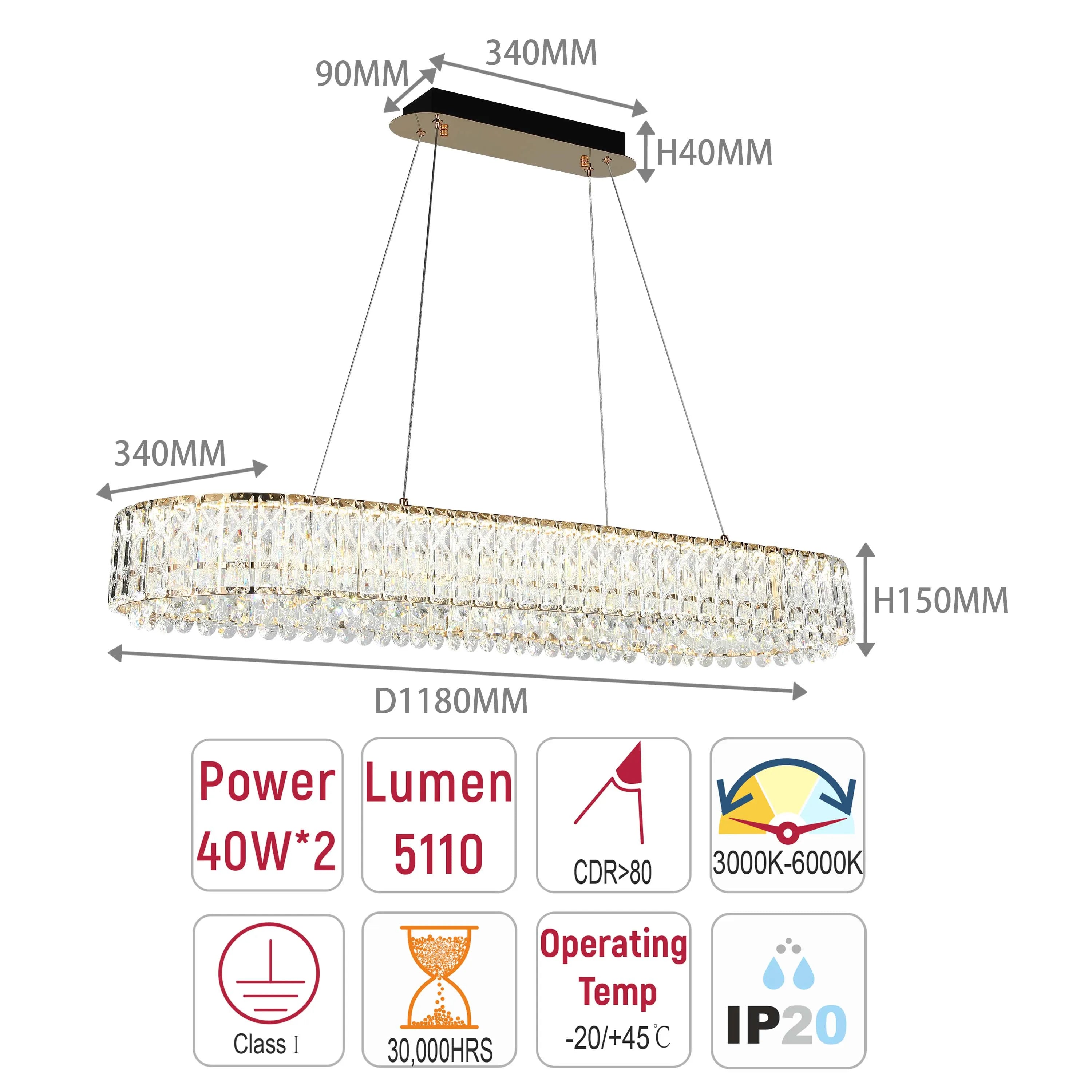 A statement crystal chandelier with dimensions labelled, including a 1180mm diameter and adjustable colour temperature.