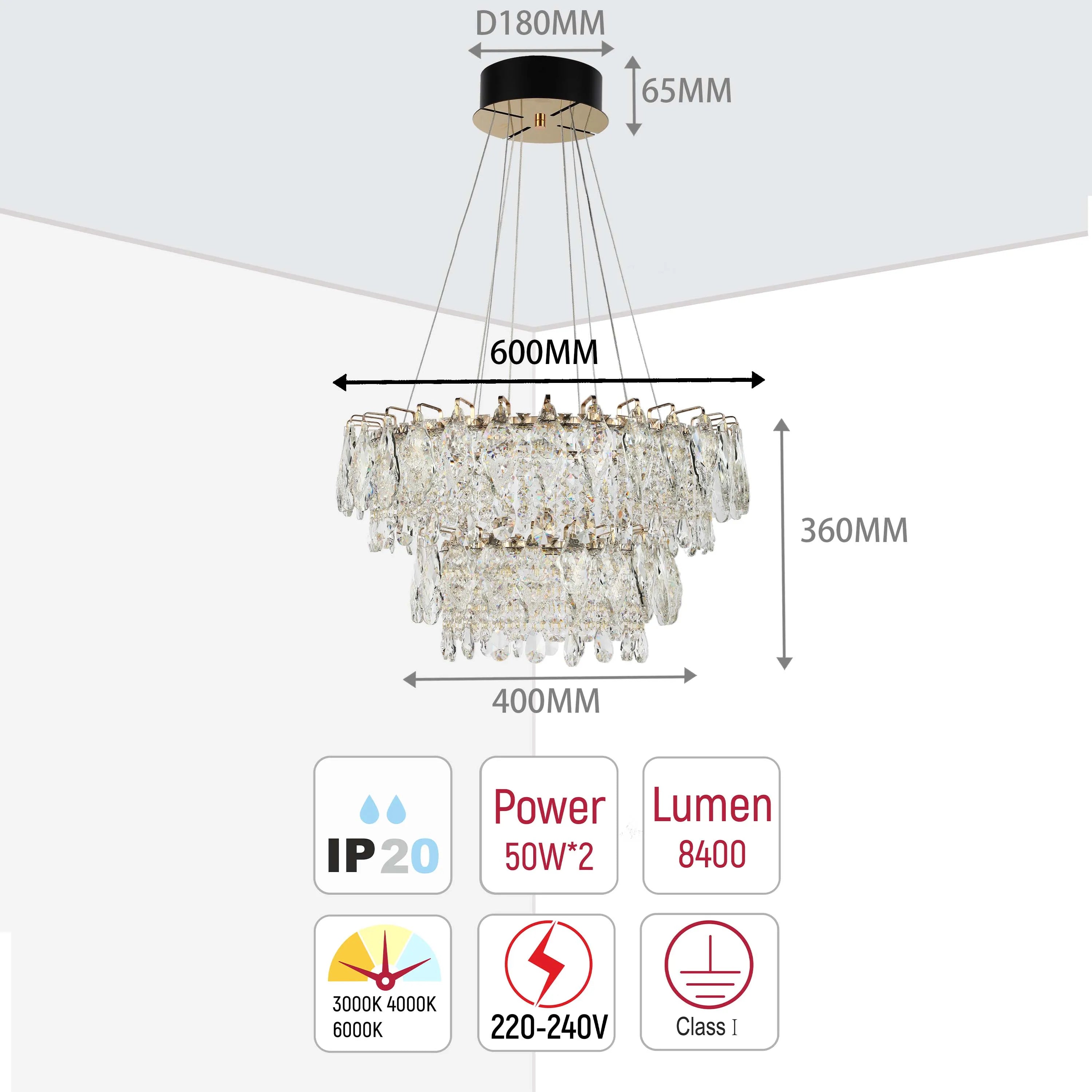 A crystal chandelier with dimensions: 600mm wide, 360mm high, and 400mm diameter.