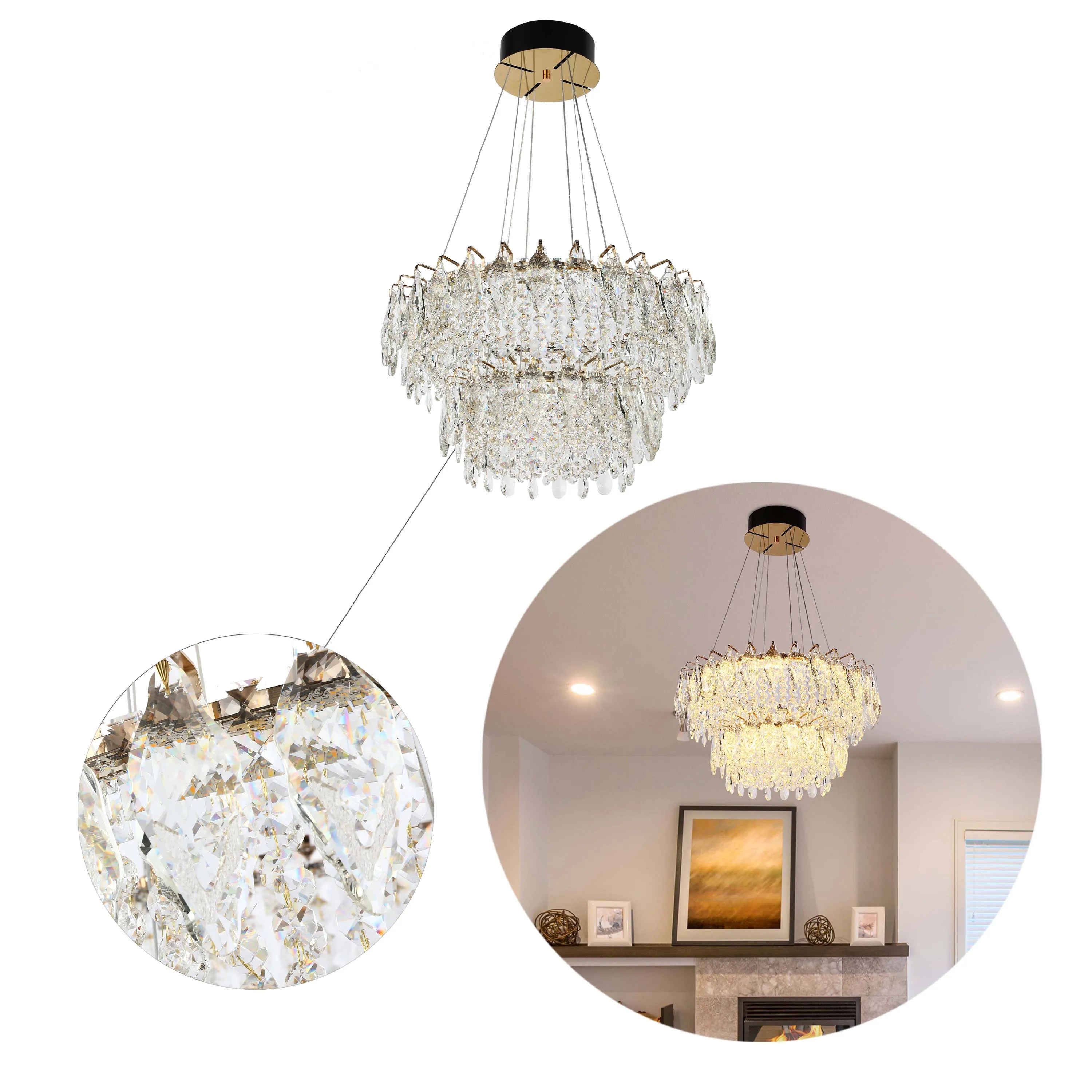 A crystal chandelier with two tiers, gold hardware and a black ceiling rose. It's a modern and elegant lighting fixture.