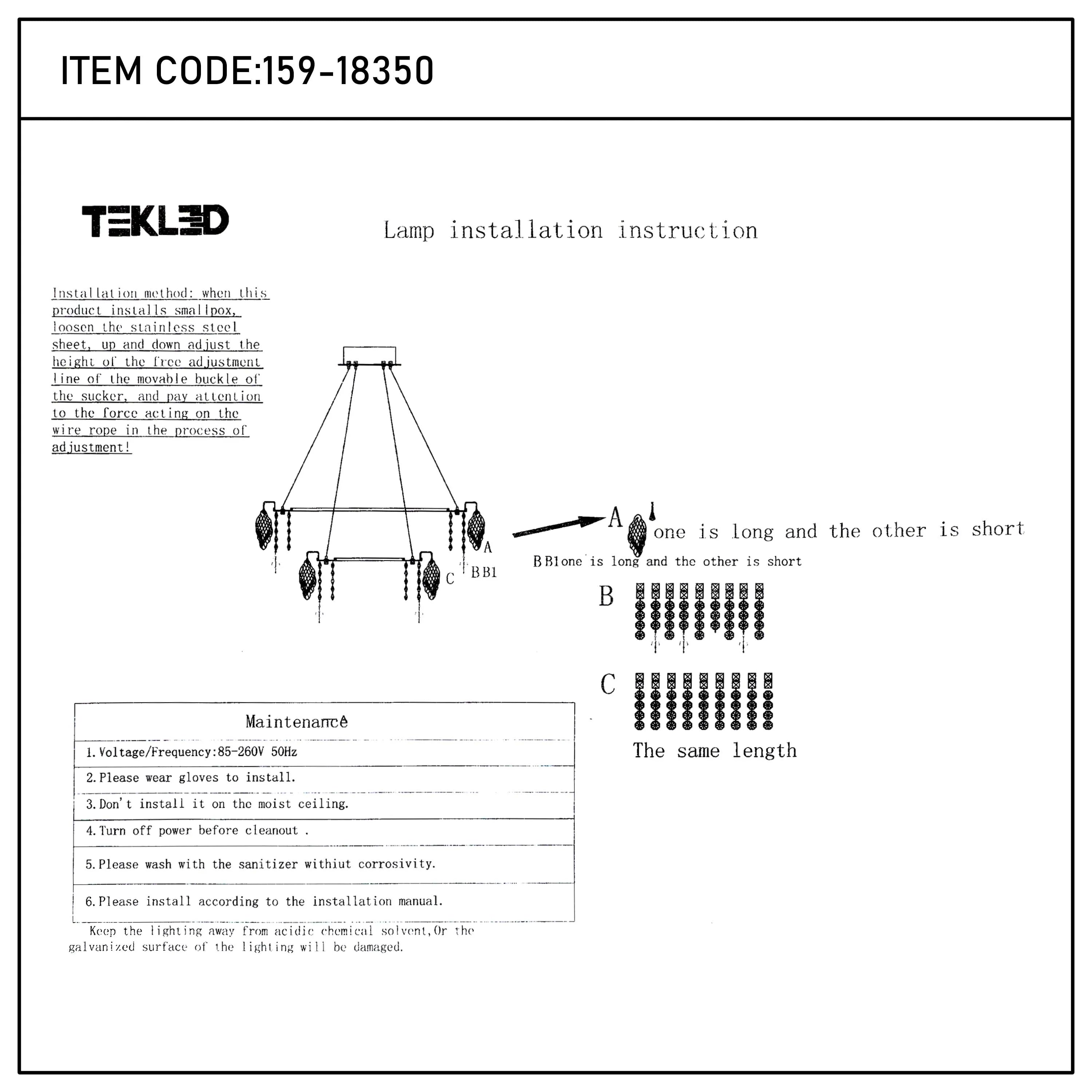 Lamp installation instructions showing a pendant light. The chains are labelled A, B & C, with different lengths illustrated.