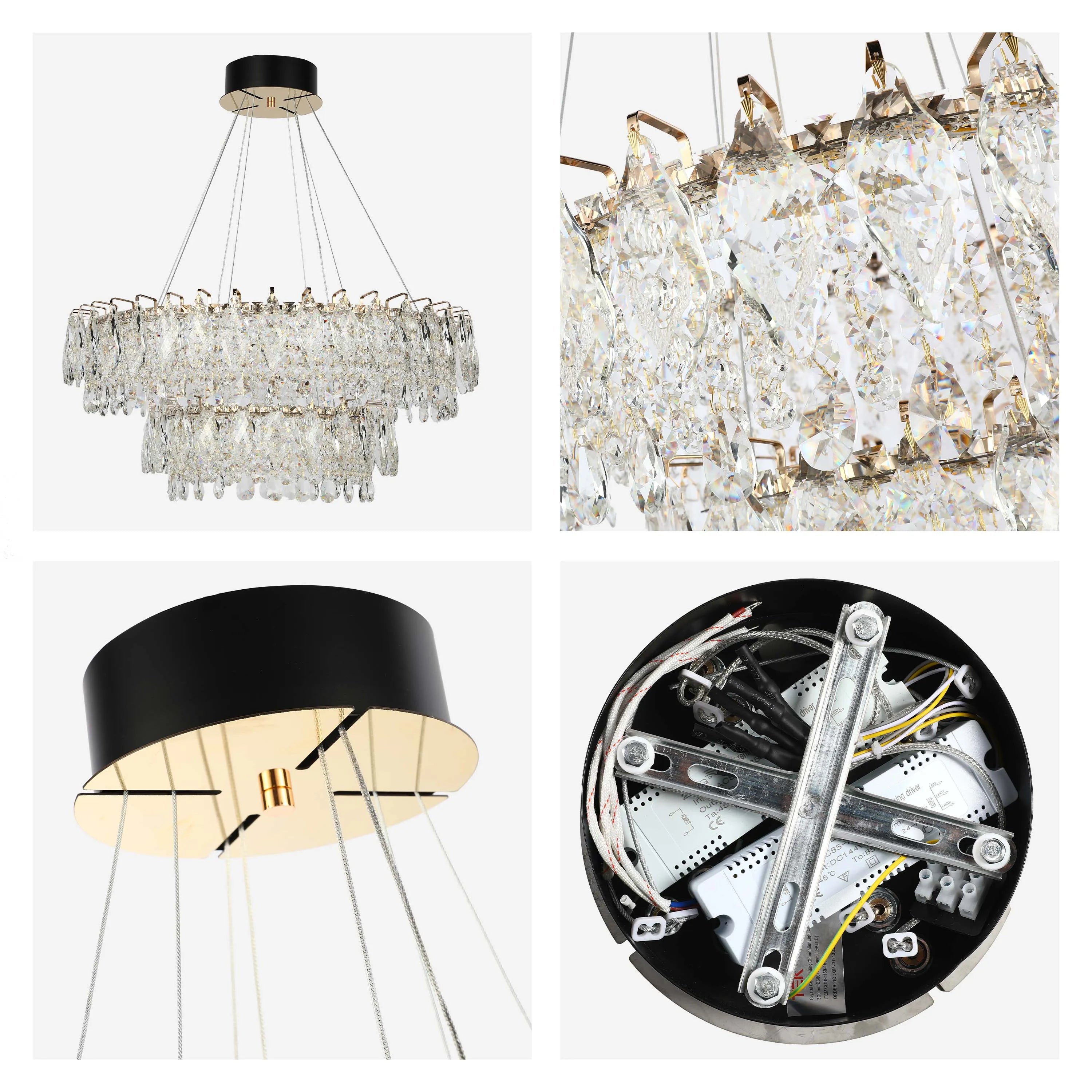 Elegant crystal chandelier with a tiered design, featuring dazzling prisms. Close ups show the intricate details.