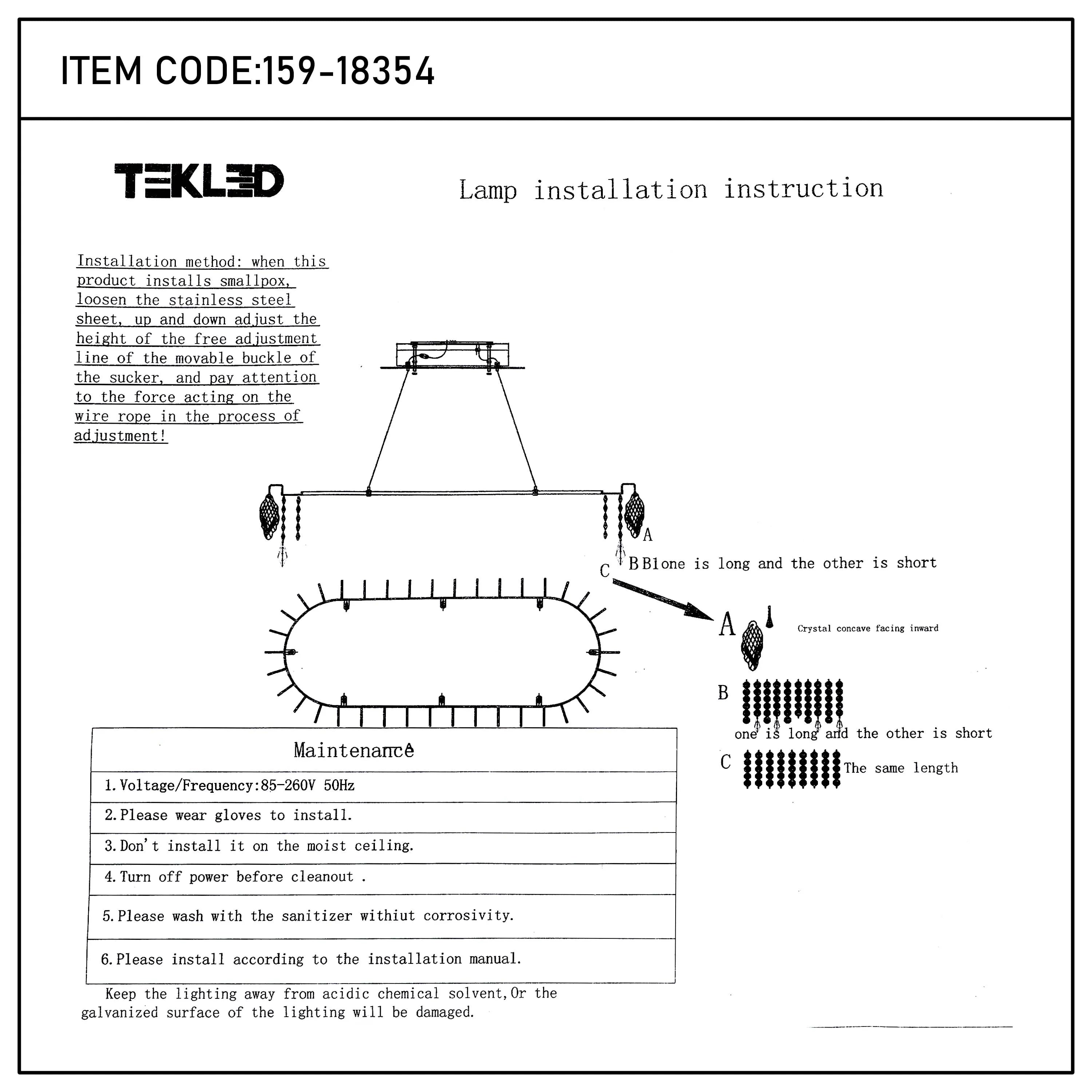 Lamp installation guide showing component assembly. Includes voltage & frequency info, and maintenance instructions.