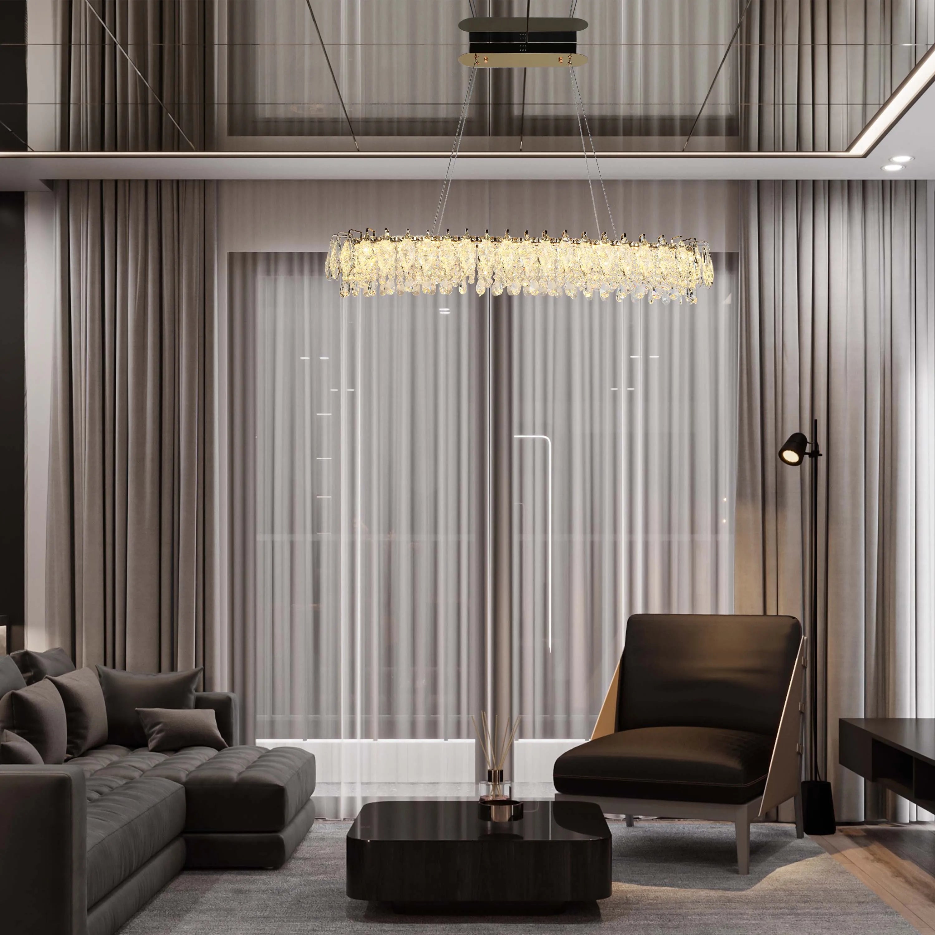 A luxurious living room illuminated by a crystal chandelier and modern ceiling lights. A stylish black floor lamp is also present.